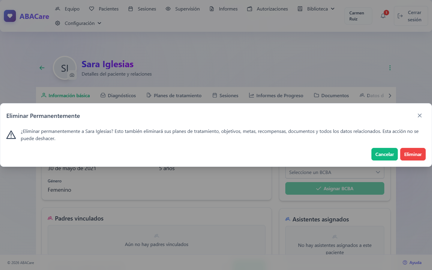 La ventana de confirmación Eliminar Permanentemente con el nombre del paciente, Cancelar y Eliminar