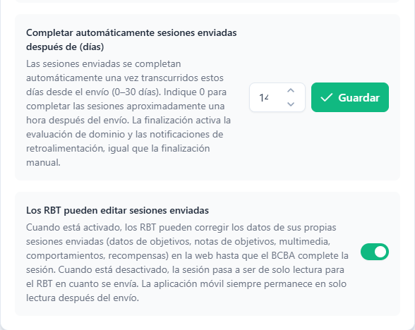 El campo Completar automáticamente sesiones enviadas después de (días) con su botón Guardar y el interruptor Los RBT pueden editar sesiones enviadas en la tarjeta Autorizaciones