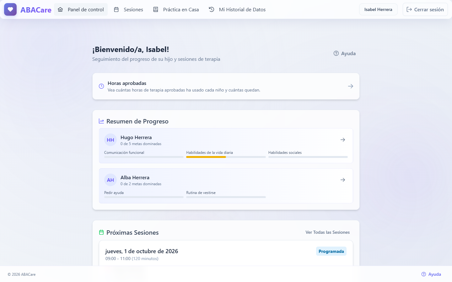 El panel de control para padres en la aplicación web de ABACare, con el menú Panel de control, Sesiones, Práctica en Casa y Mi Historial de Datos, la tarjeta Horas aprobadas y el Resumen de Progreso
