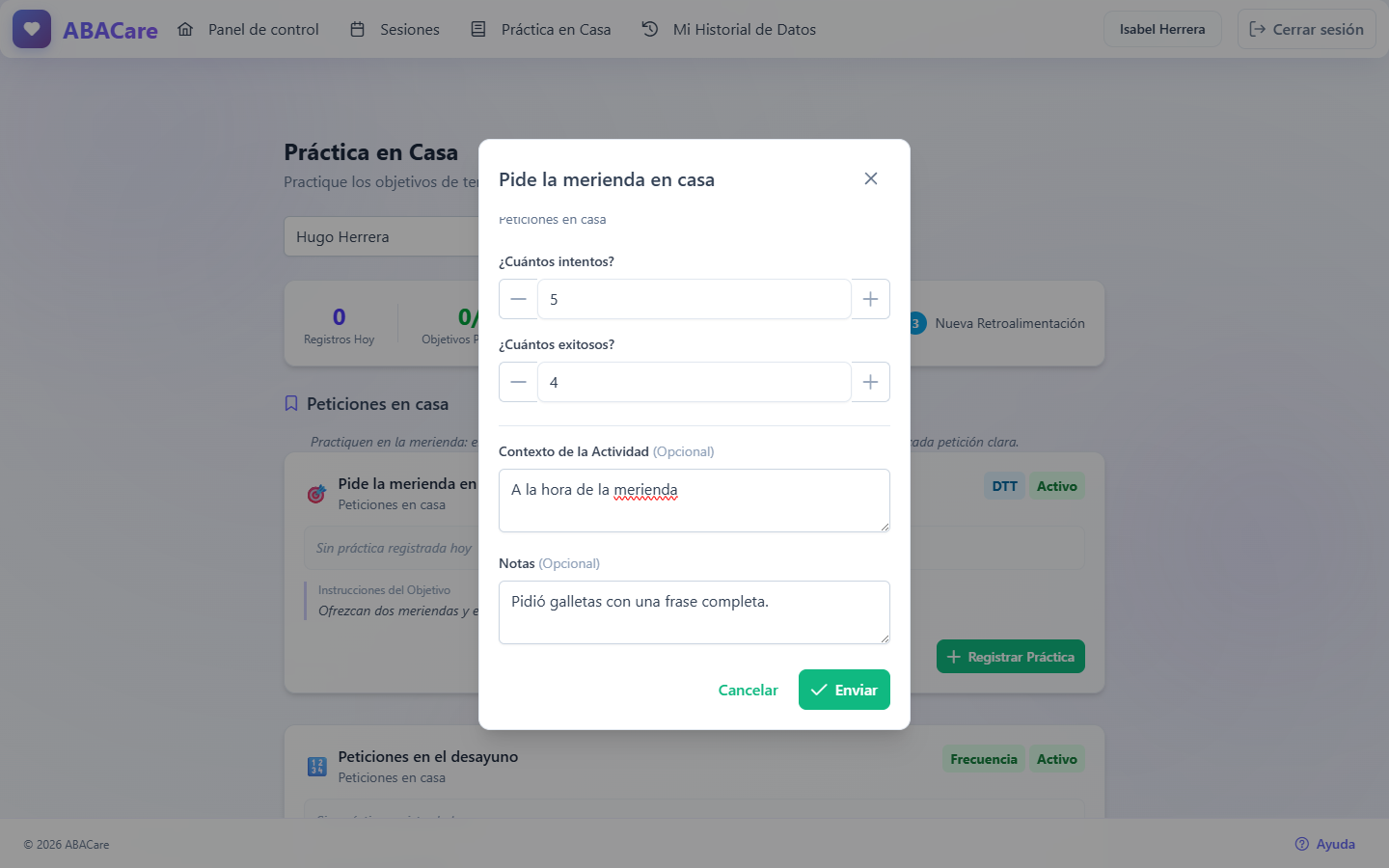 La ventana para registrar la práctica de un objetivo en la aplicación web para padres, con los intentos y los éxitos completados, el contexto de la actividad y las notas