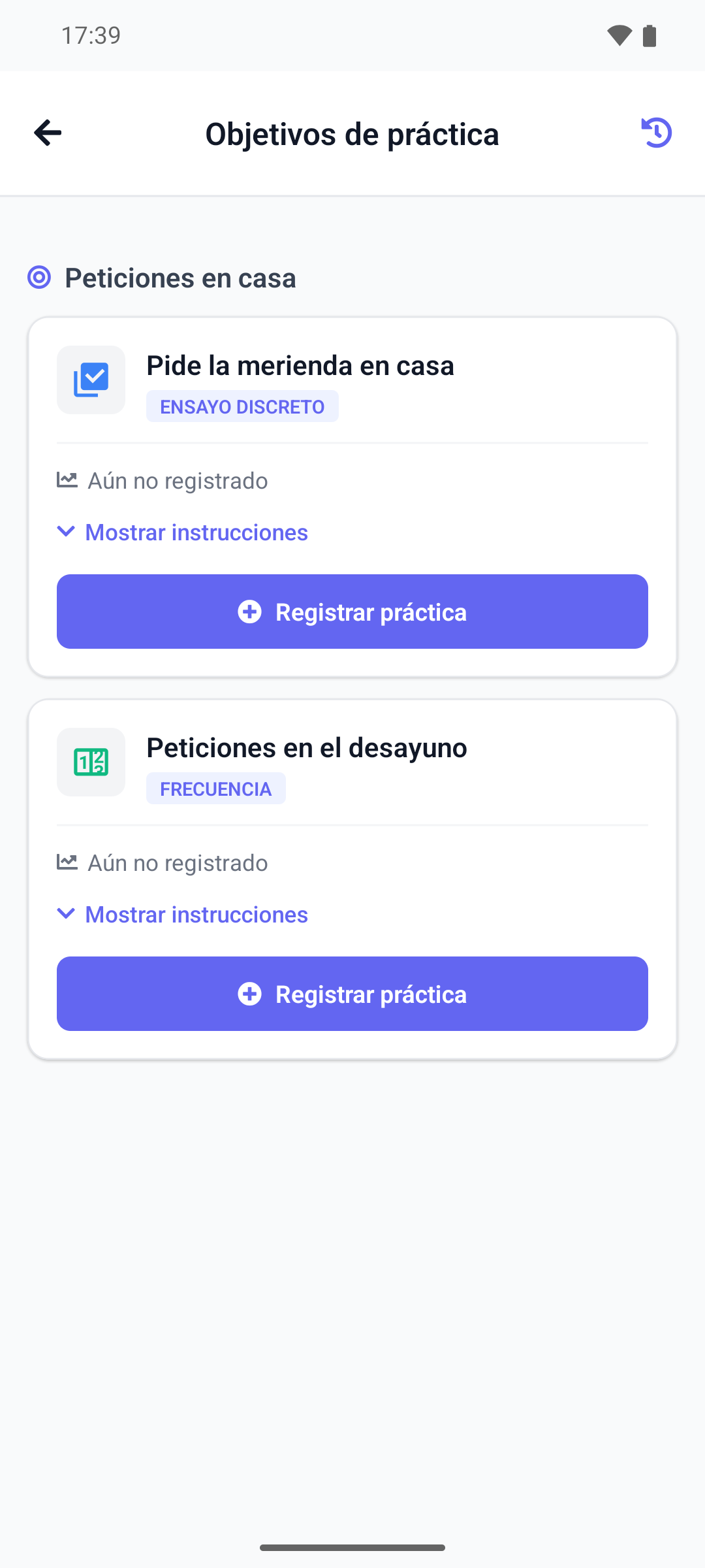 La pantalla Objetivos de práctica de la aplicación móvil con los objetivos bajo su meta, el resultado de hoy en cada uno y el botón Registrar práctica