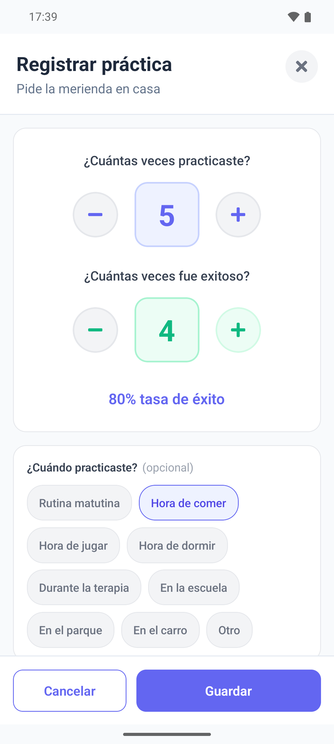 La ventana Registrar práctica en la aplicación móvil con los contadores de más y menos para las veces practicadas y los éxitos, y las opciones de ¿Cuándo practicaste?