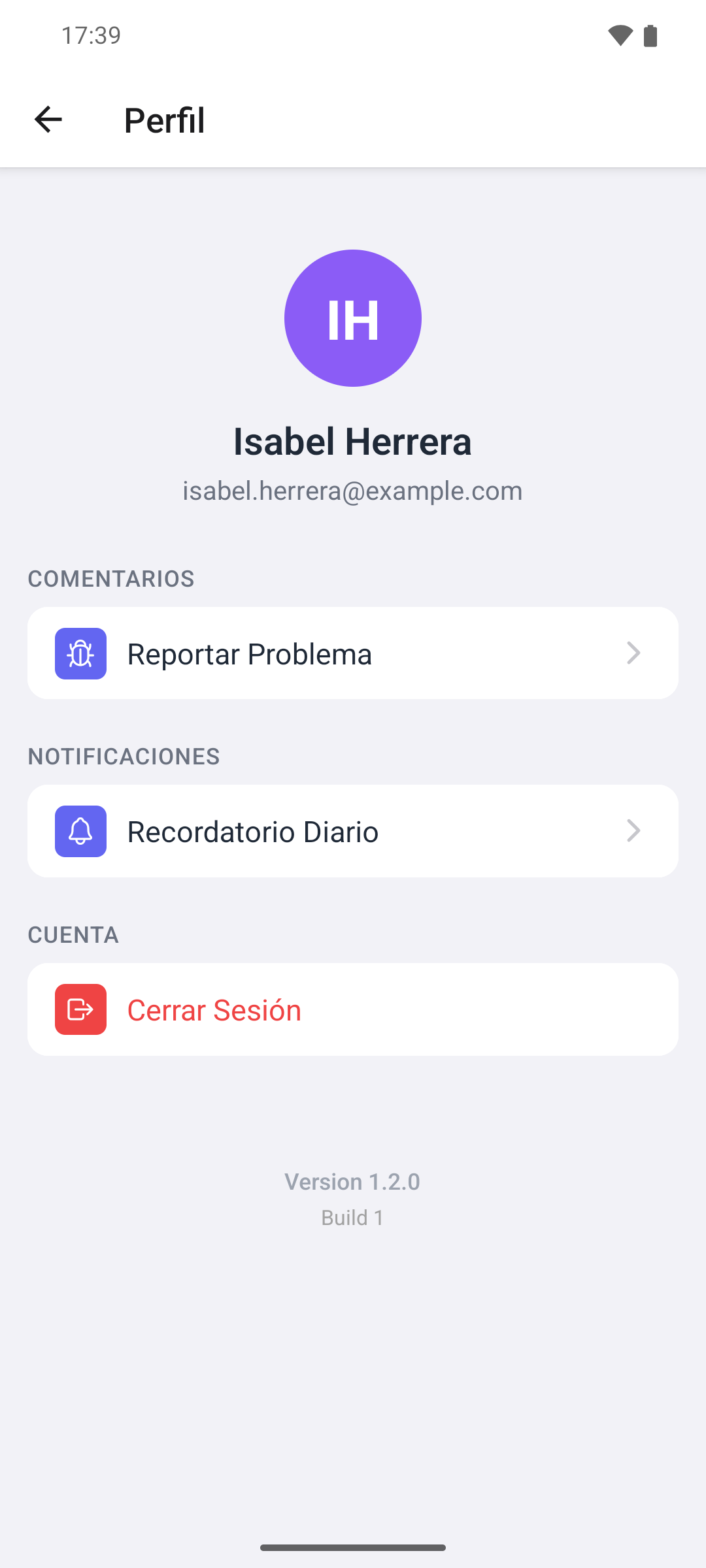 La pantalla Perfil de la aplicación móvil con el elemento Recordatorio Diario en la sección Notificaciones