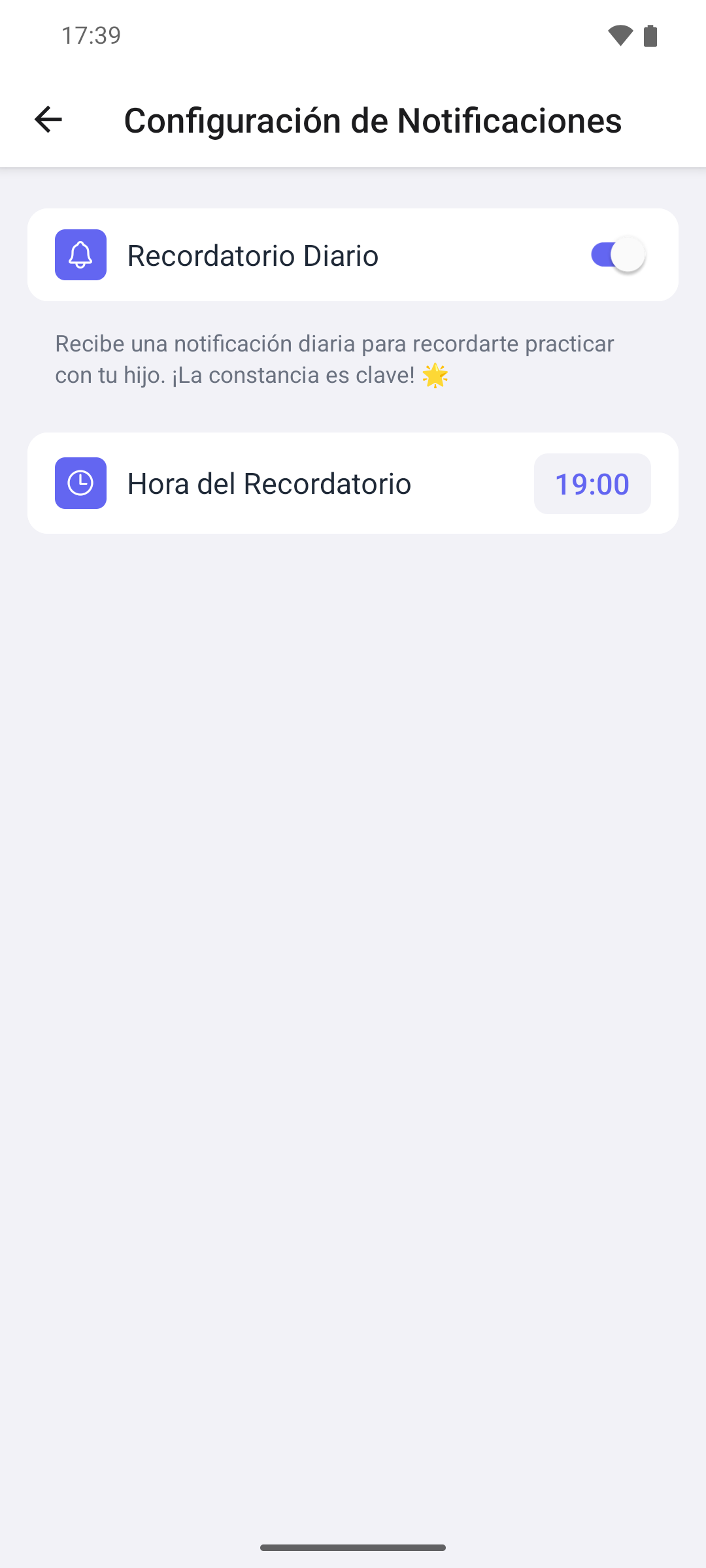 La pantalla Configuración de Notificaciones de la aplicación móvil con el interruptor Recordatorio Diario activado y la fila Hora del Recordatorio