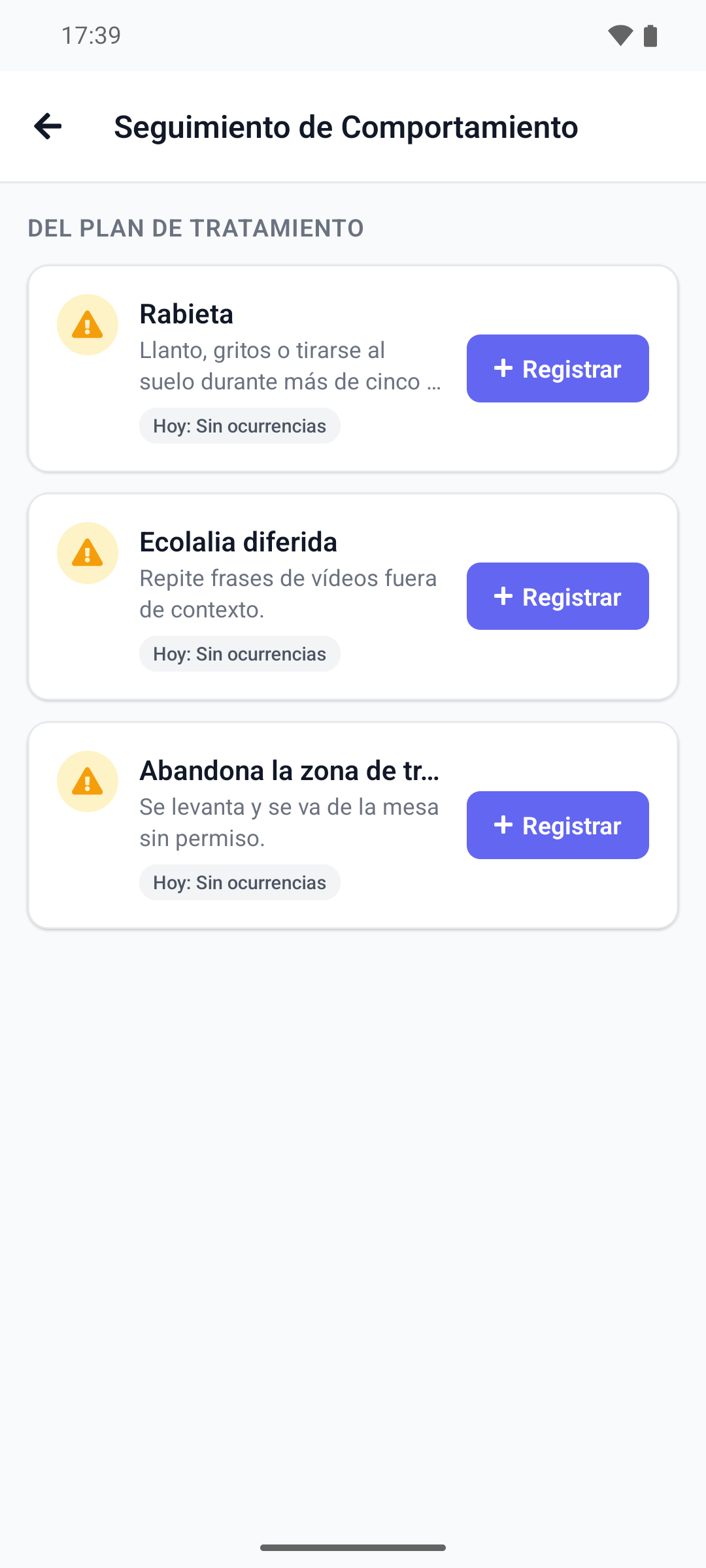 La pantalla Seguimiento de Comportamiento de la aplicación móvil con los comportamientos del plan de tratamiento, el recuento de hoy y el botón Registrar en cada uno