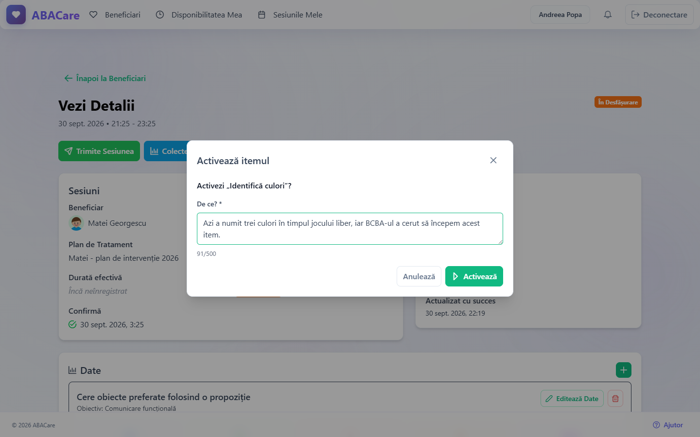 Fereastra Activează itemul în aplicația web, care cere activarea unui item planificat, cu nota obligatorie De ce? și butonul Activează