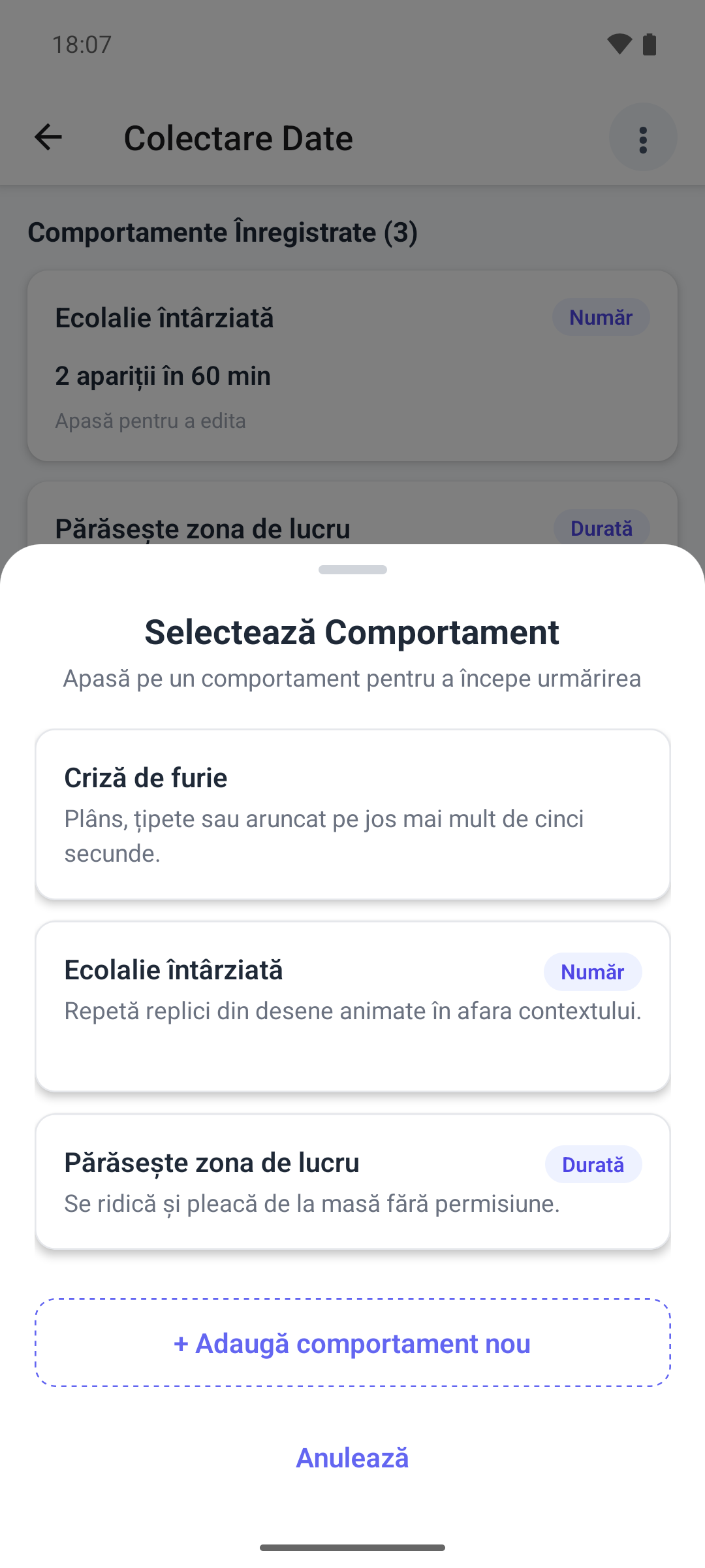 Foaia Selectează Comportament în aplicația mobilă, cu comportamentele din plan și butonul + Adaugă comportament nou