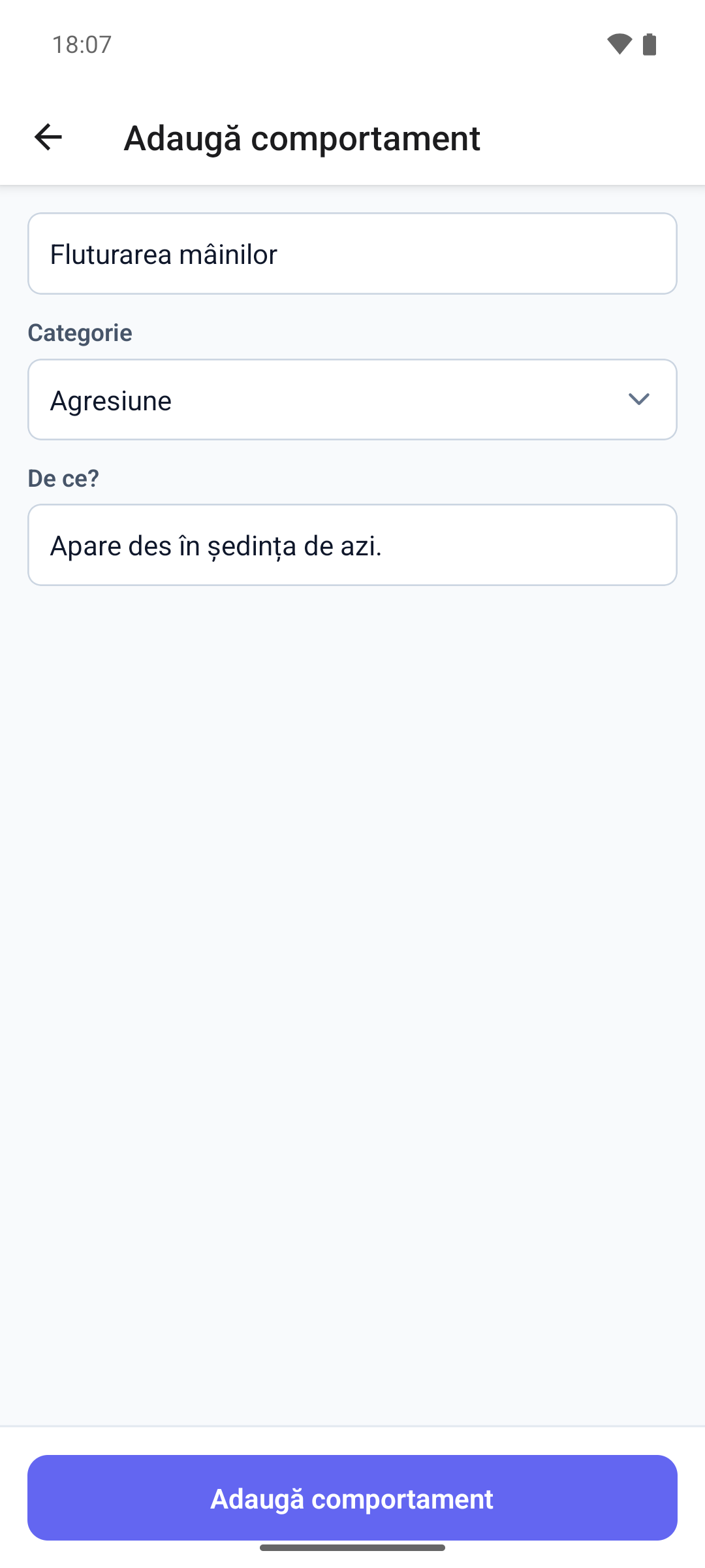 Formularul Adaugă comportament în aplicația mobilă, cu numele comportamentului, selectorul Categorie și nota De ce?