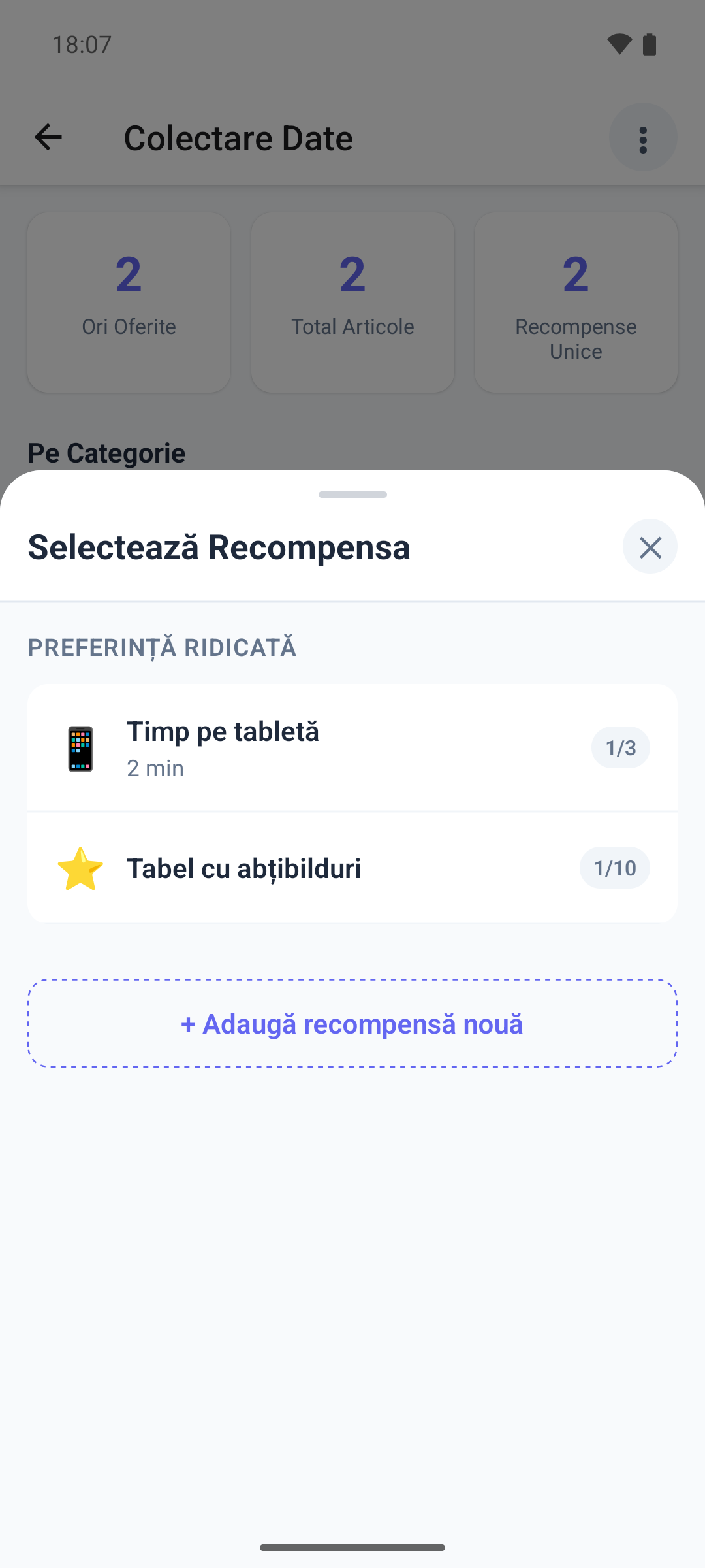 Foaia Selectează Recompensa în aplicația mobilă, cu recompensele grupate după preferință și butonul + Adaugă recompensă nouă