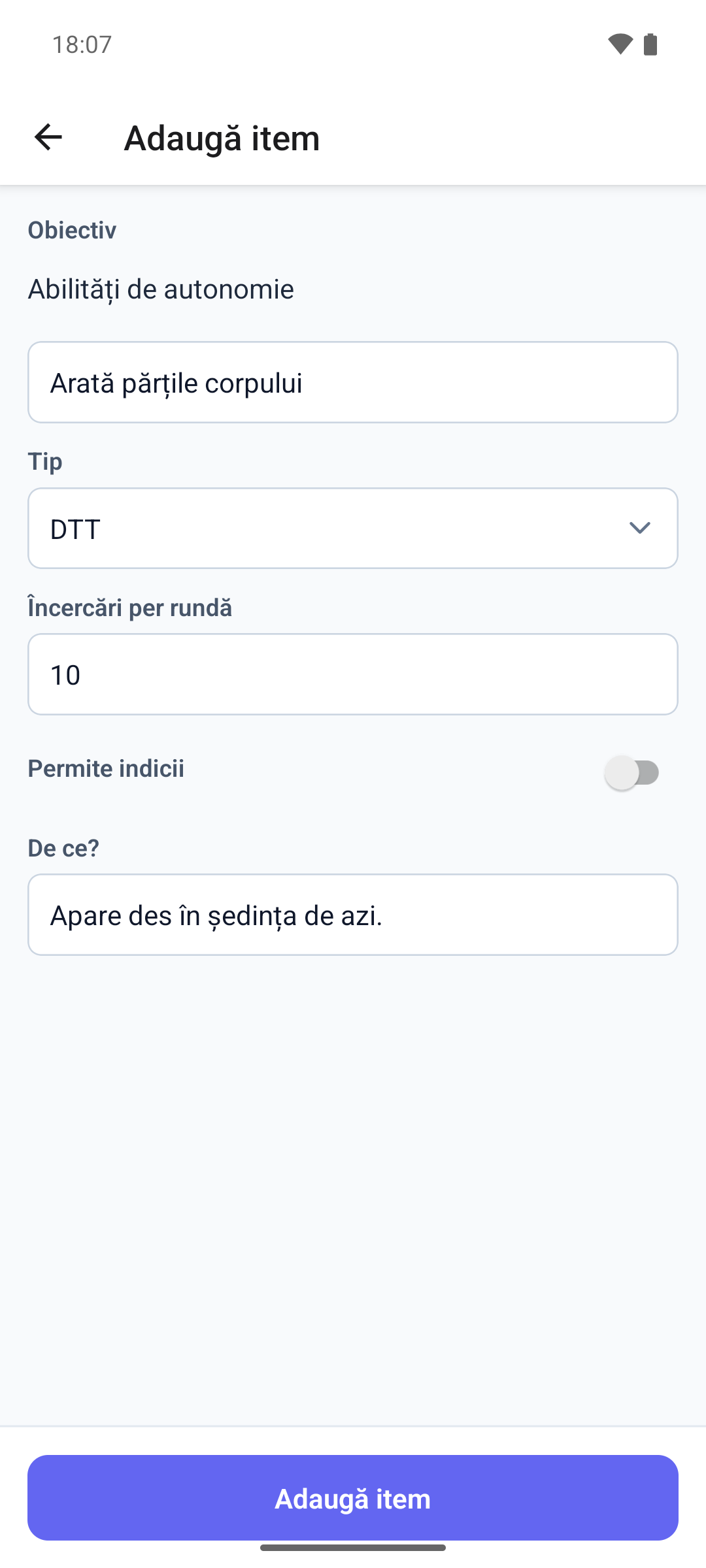 Formularul Adaugă item în aplicația mobilă, cu obiectivul, numele itemului, tipul și nota De ce?