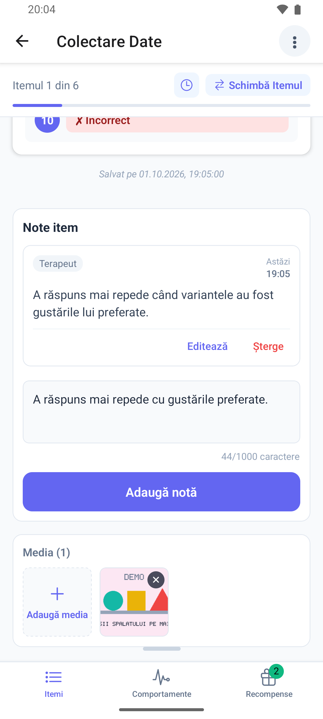 Cardul Note item sub o pagină de item în aplicația mobilă, cu o notă salvată și o notă nouă în curs de scriere