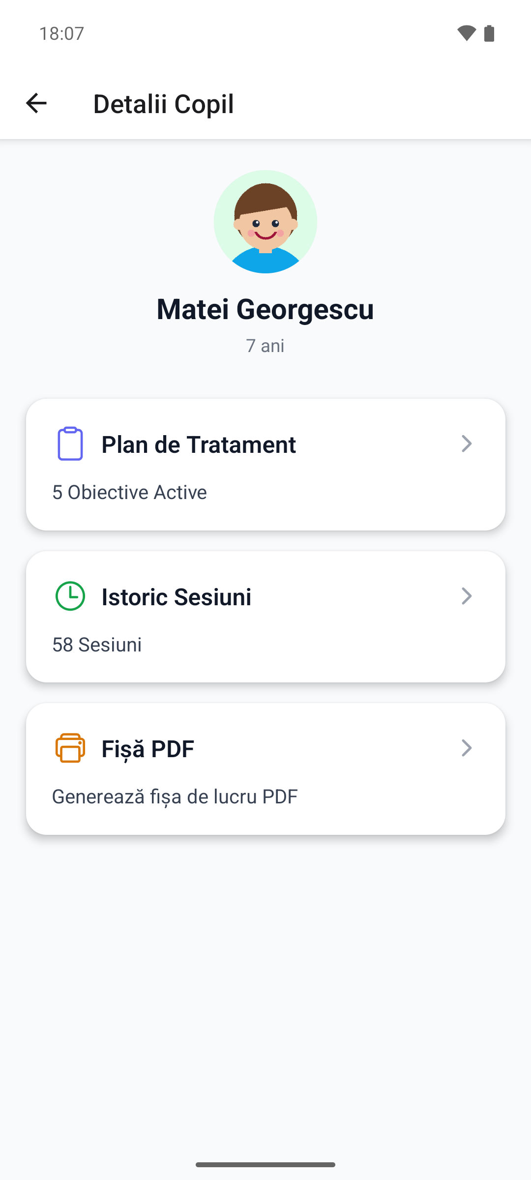 Un beneficiar în aplicația mobilă, cu cardurile Plan de Tratament, Istoric Sesiuni și Fișă PDF
