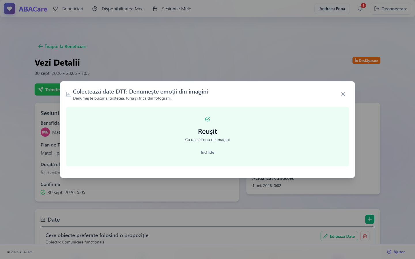 Rezultatul Reușit cu numele contextului și butonul Închide în aplicația web