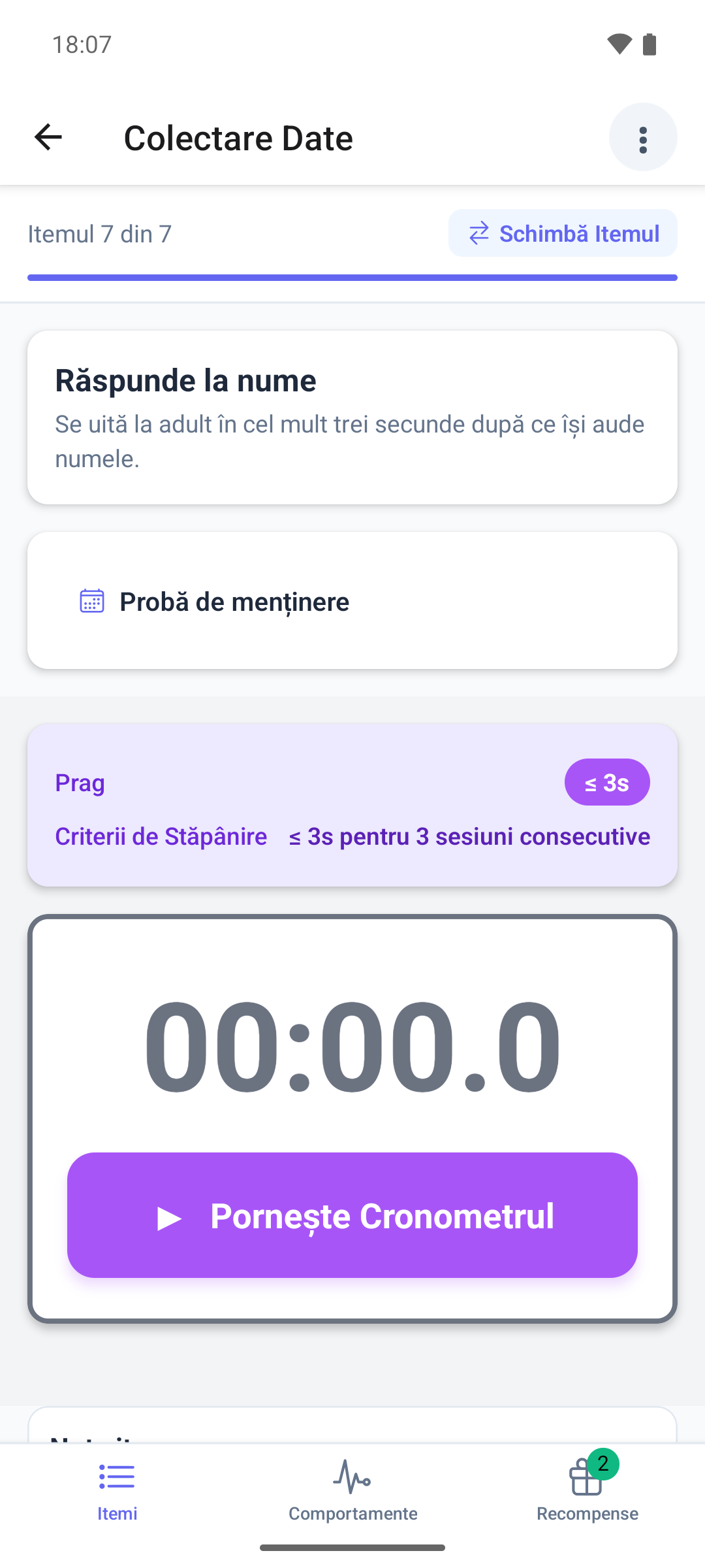 Un item în menținere în aplicația mobilă, cu banda Probă de menținere și colectorul itemului