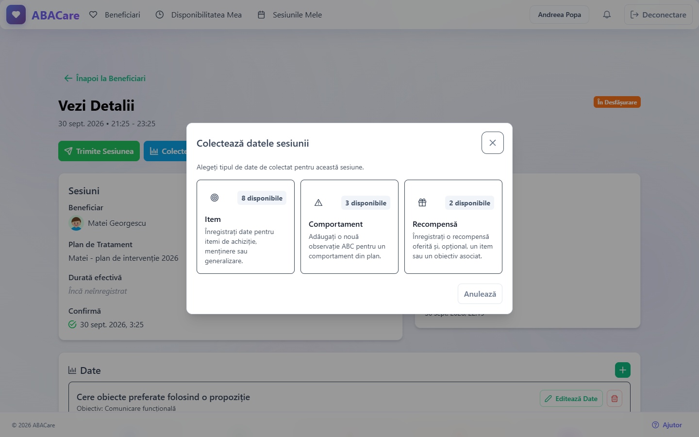 Fereastra Colectează datele sesiunii în aplicația web, cu cardurile Item, Comportament și Recompensă