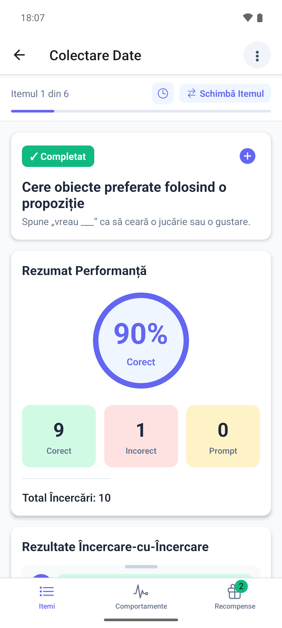 Fila Itemi în aplicația mobilă, cu contorul de itemi, bara de progres și butonul Schimbă Itemul
