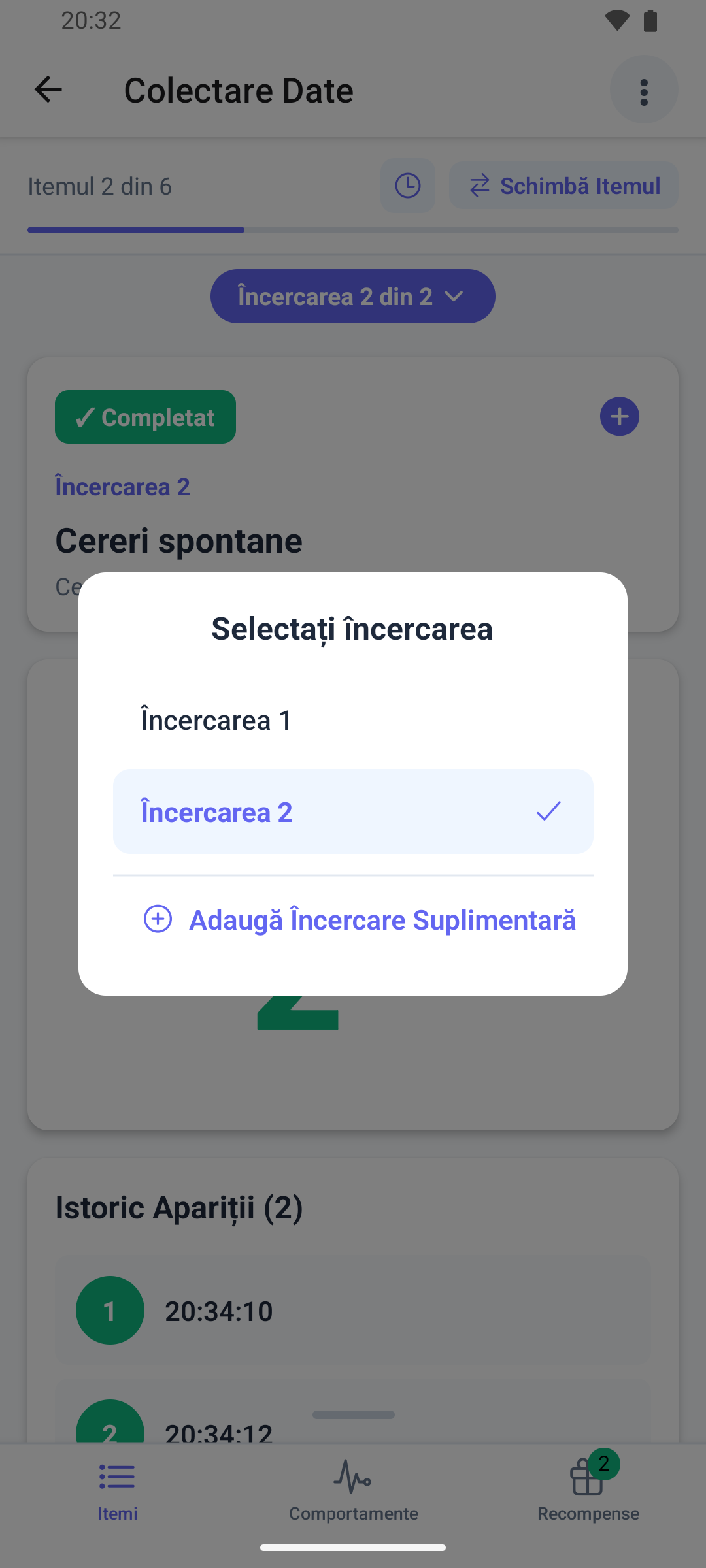 Fereastra Selectați încercarea în aplicația mobilă, cu două execuții salvate și opțiunea Adaugă Încercare Suplimentară