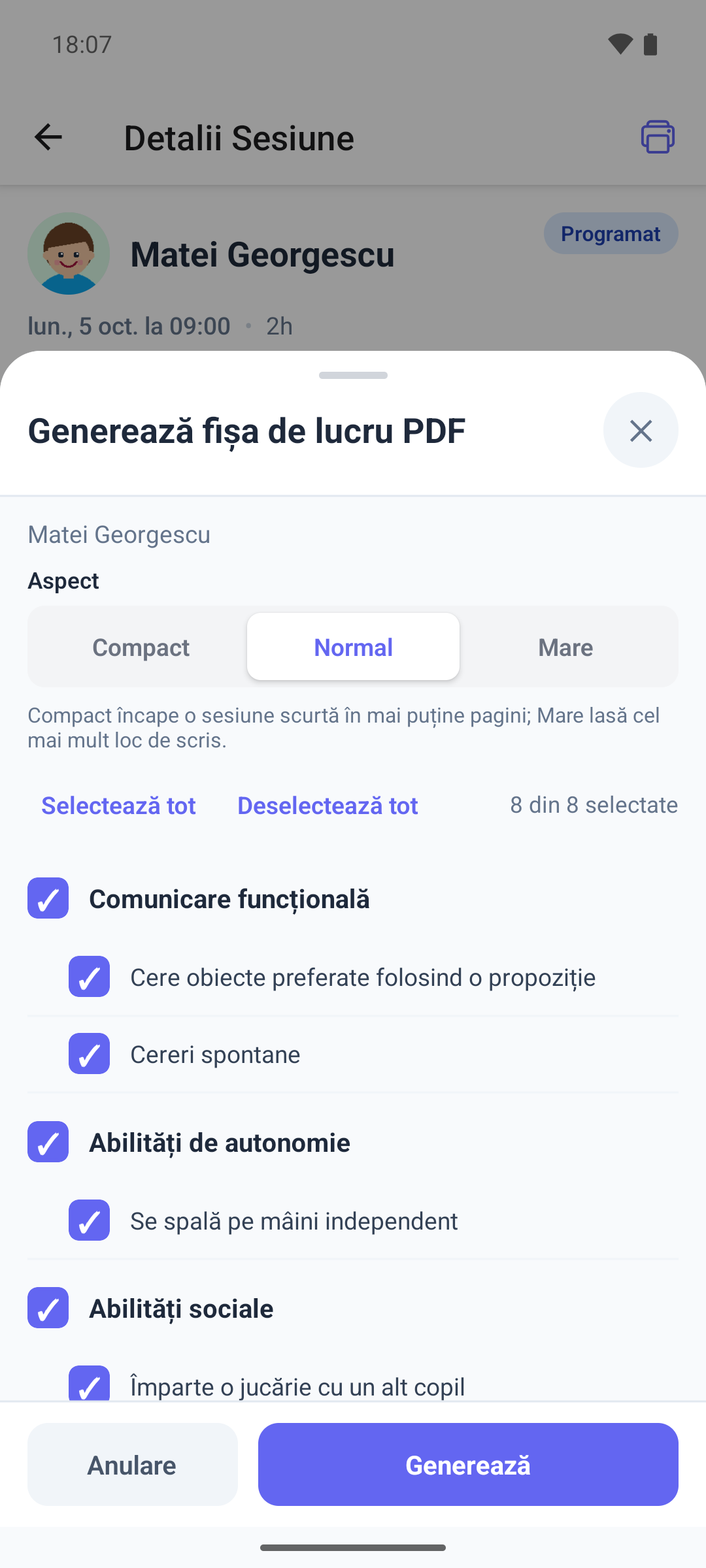 Fereastra Generează fișa de lucru PDF din aplicația mobilă, cu itemi bifați și butonul Generează
