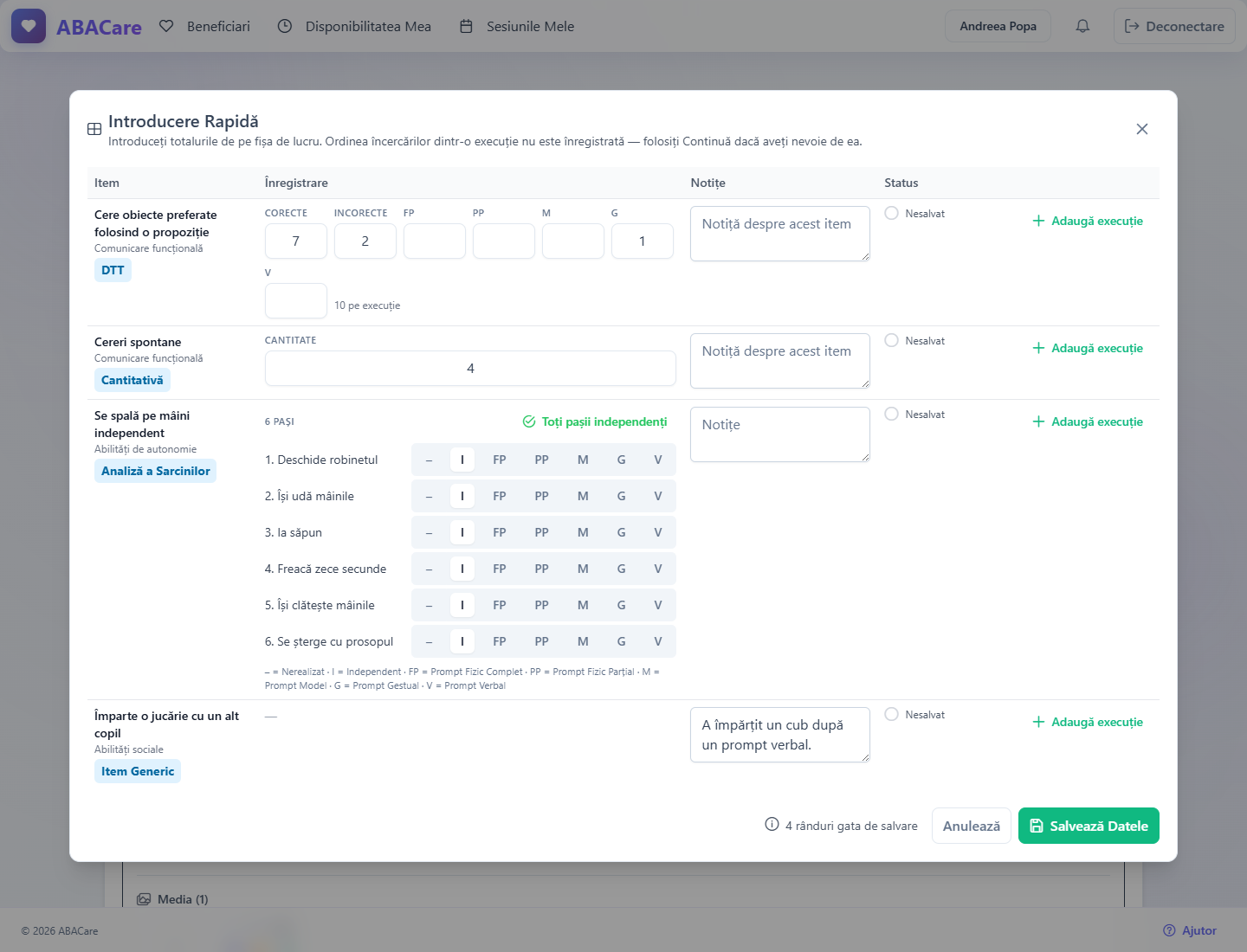 Fereastra Introducere Rapidă în aplicația web, cu rândurile completate pentru un item DTT, unul de frecvență, unul de analiză de sarcină și unul generic