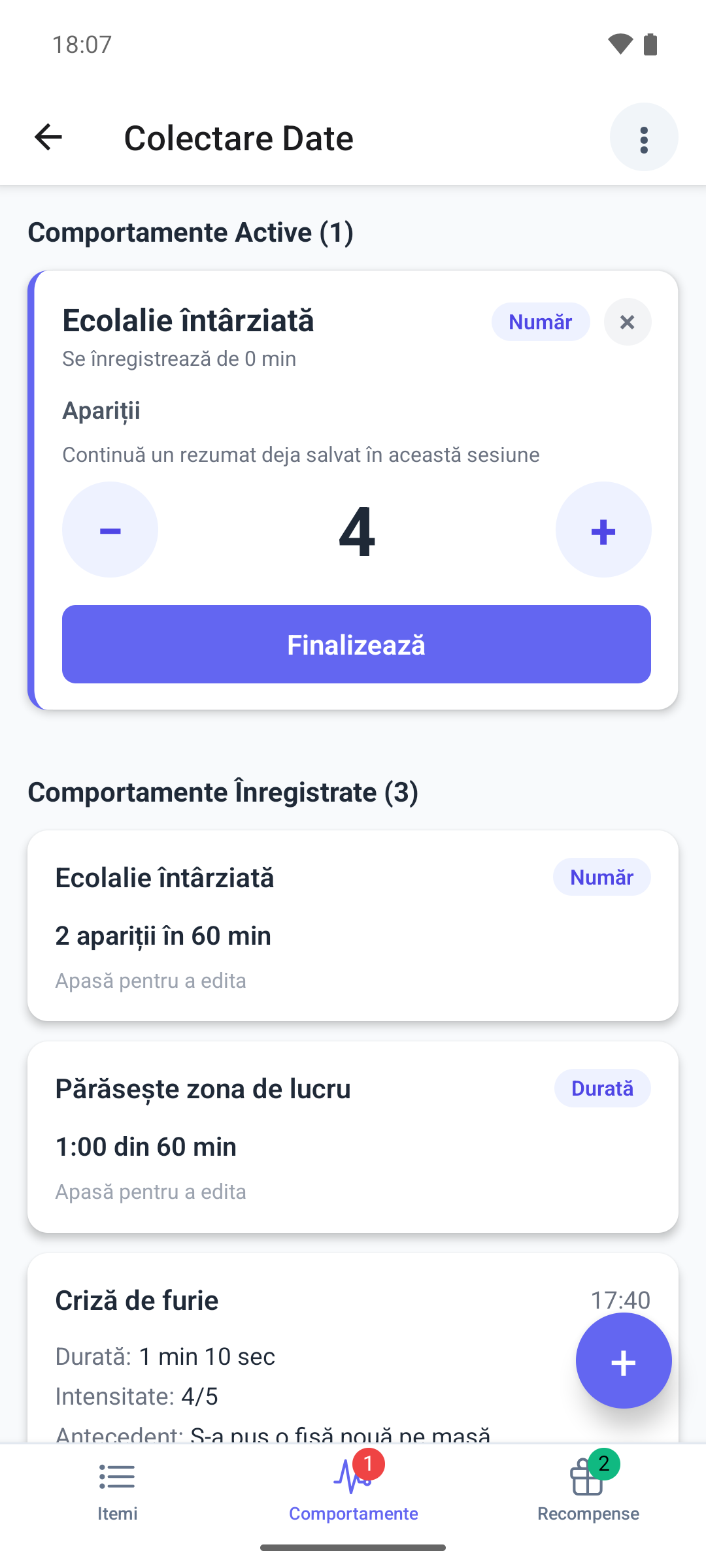 Un card de număr sub Comportamente Active în aplicația mobilă, cu totalul aparițiilor, butoanele minus și plus și Finalizează
