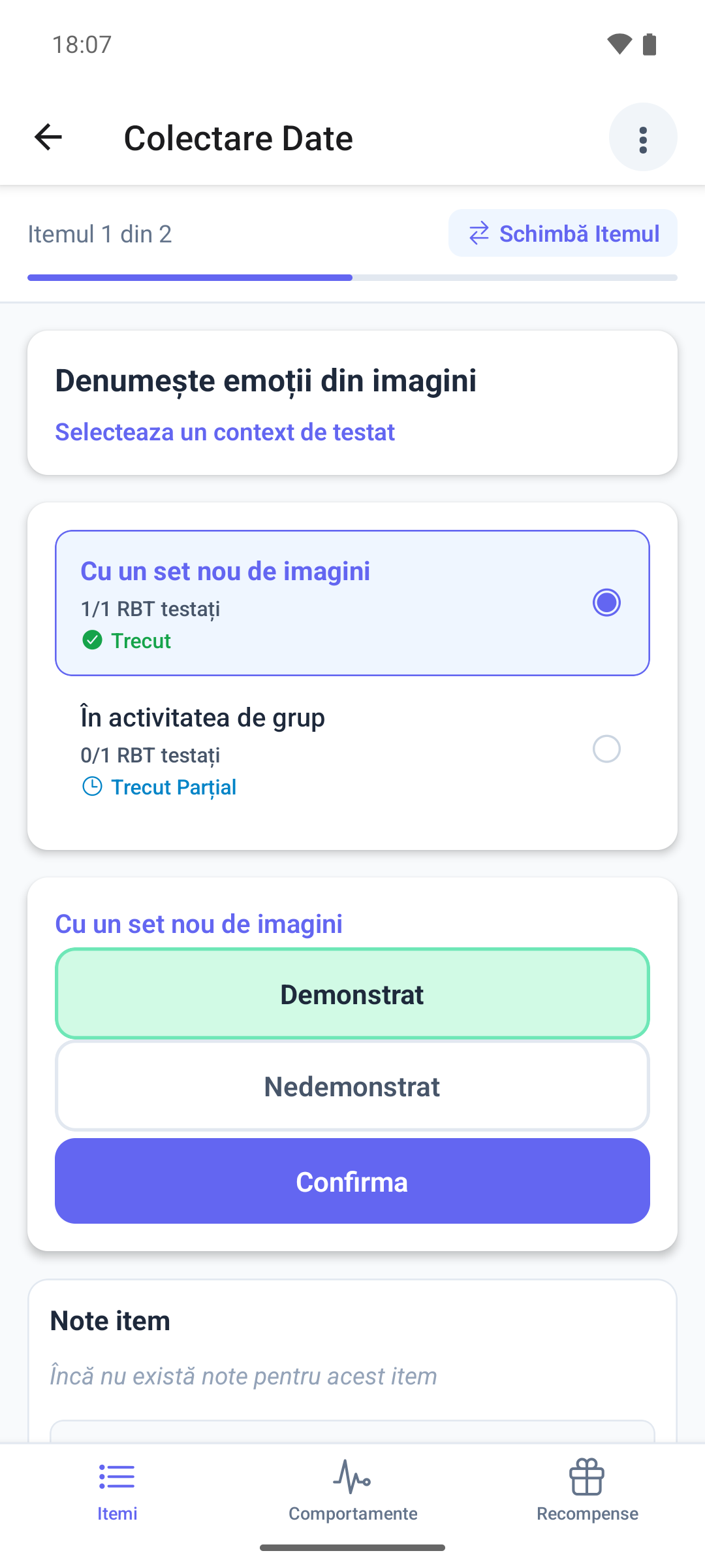 Un item în generalizare în aplicația mobilă, cu un context ales, butoanele Demonstrat și Nedemonstrat și Confirma