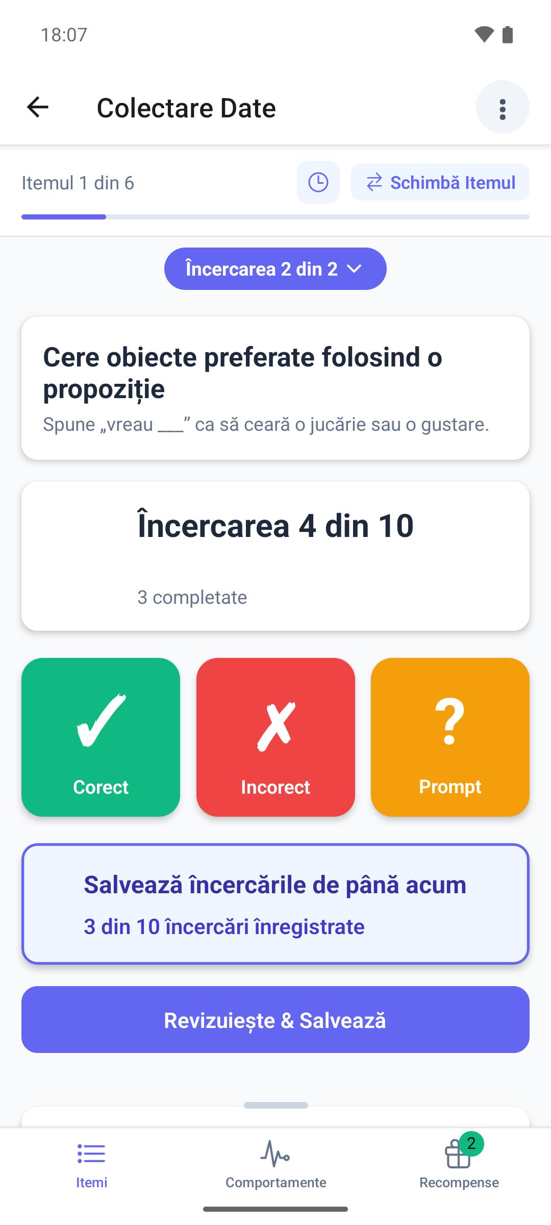 Un item DTT în aplicația mobilă, cu contorul de încercări și butoanele Corect, Incorect și Prompt