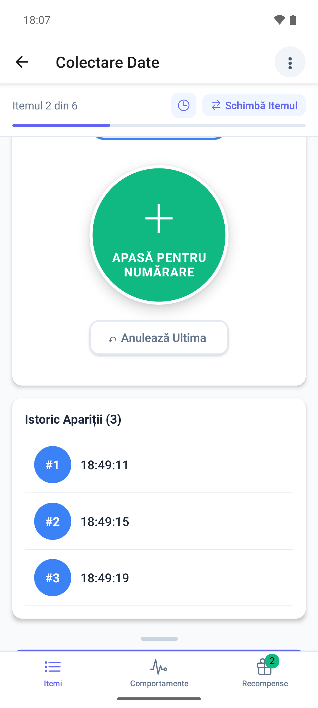 Un item cantitativ în aplicația mobilă, cu totalul aparițiilor, butonul Apasă pentru Numărare și istoricul