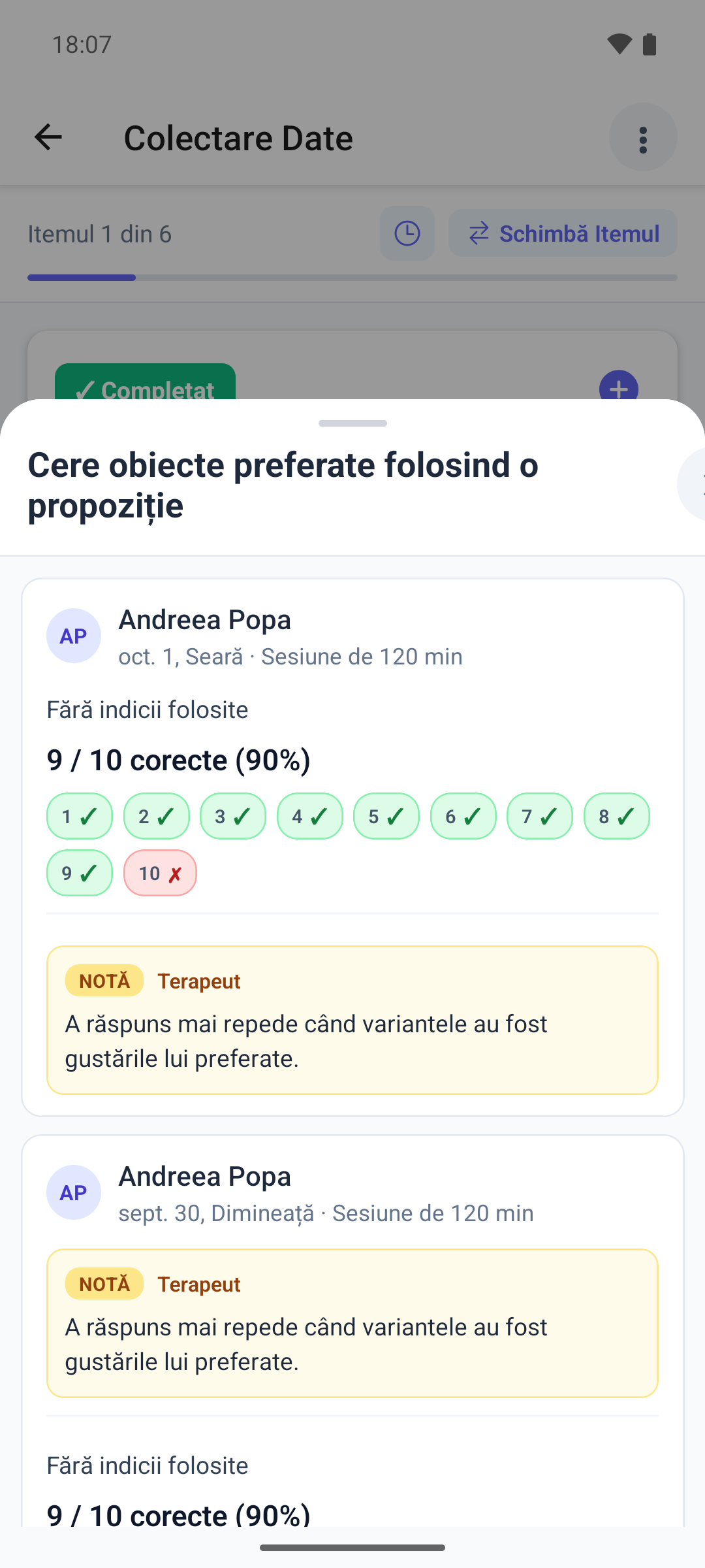 Panoul cu ultimele colectări în aplicația mobilă peste un item DTT, cu carduri de sesiune, rezultatele încercărilor și o notă a itemului