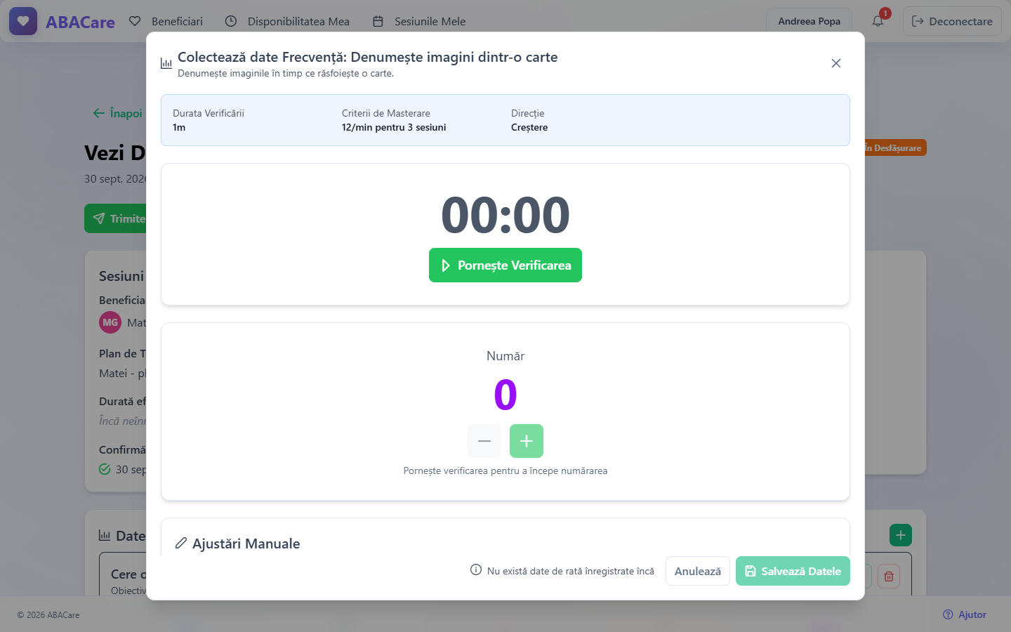Un item de frecvență în aplicația web, cu cronometrul verificării, butoanele plus și minus, rata curentă și cardul Ajustări Manuale