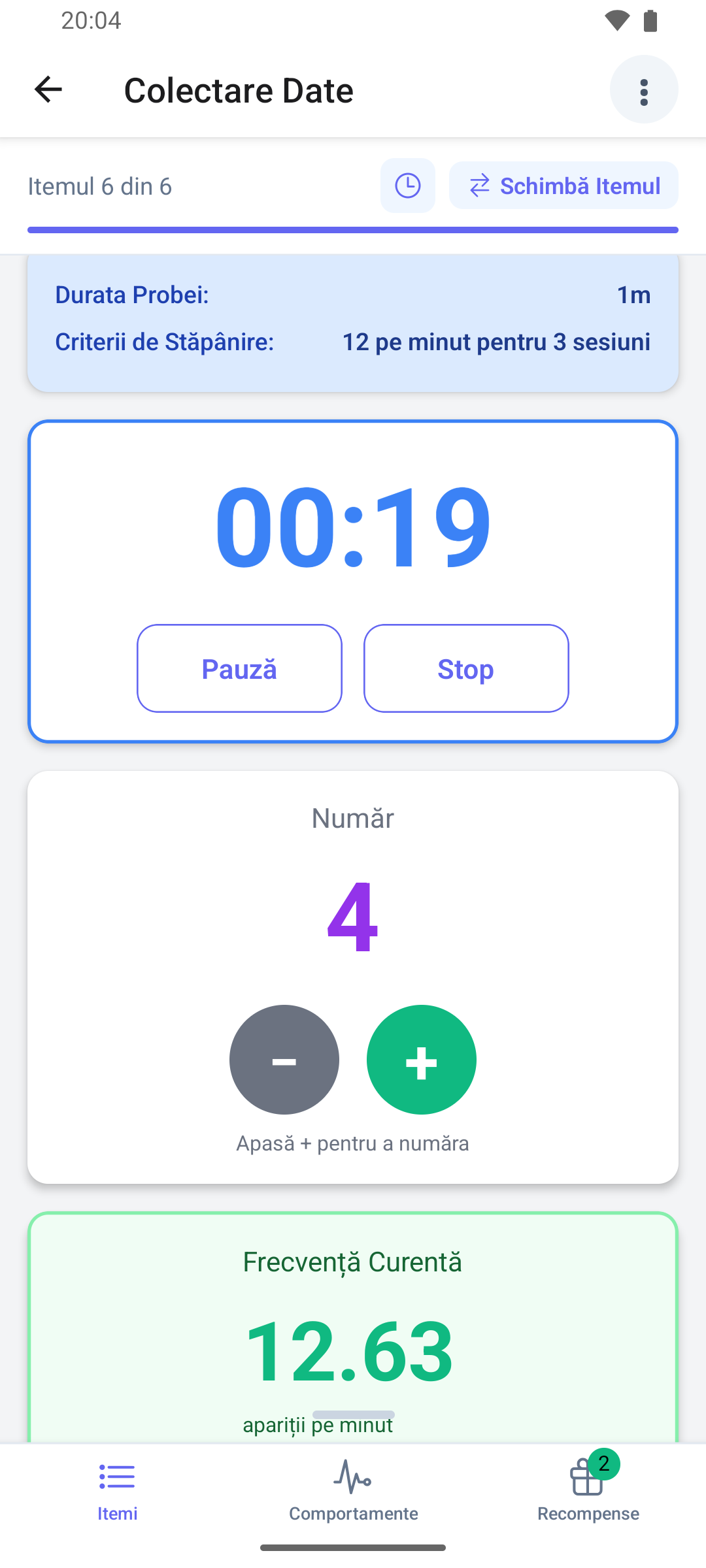 Un item de frecvență în aplicația mobilă, cu cronometrul probei, numărul cu butoanele plus și minus și frecvența curentă