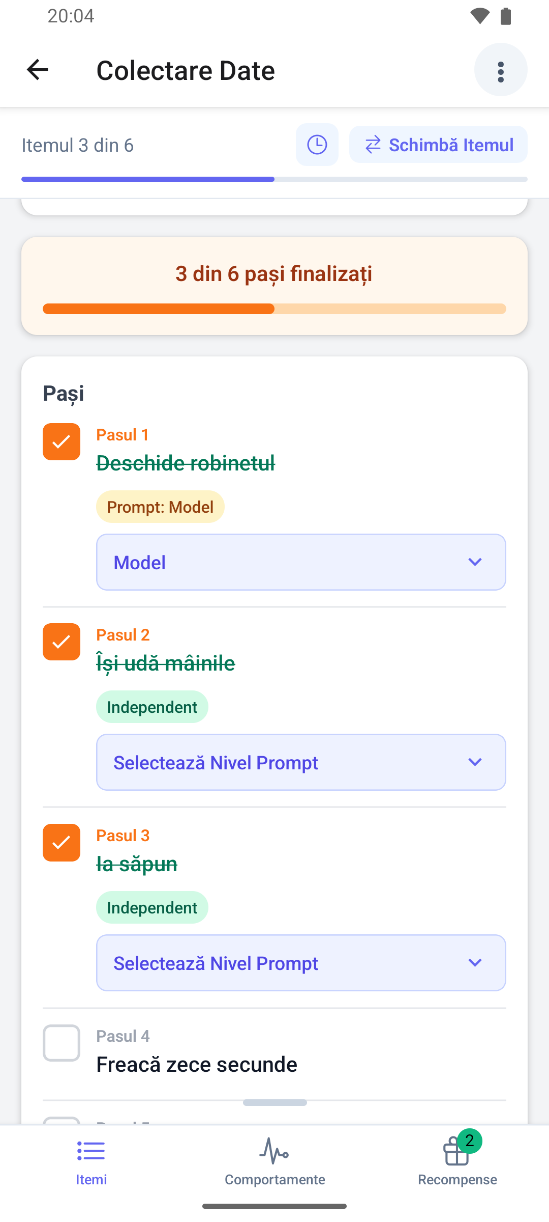 Un item de tip analiză de sarcină în aplicația mobilă, cu pași finalizați, un nivel de prompt și butonul Salvează Rezultatele