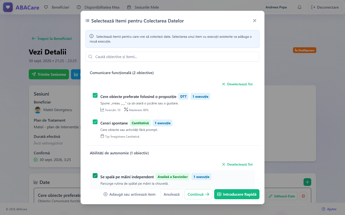 Fereastra Selectează Itemi pentru Colectarea Datelor în aplicația web, cu itemi bifați și butoanele Continuă și Introducere Rapidă
