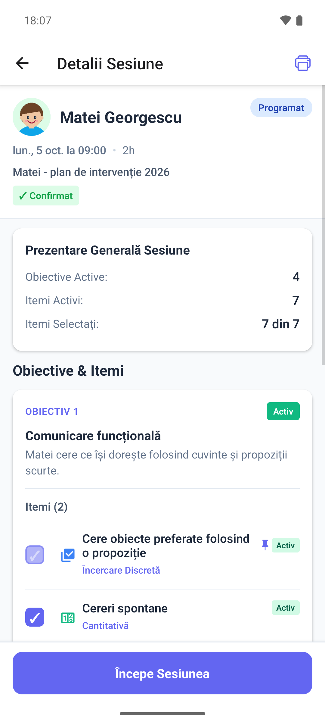 O sesiune programată în aplicația mobilă, cu obiective, itemi bifați, un item obligatoriu și butonul Începe Sesiunea