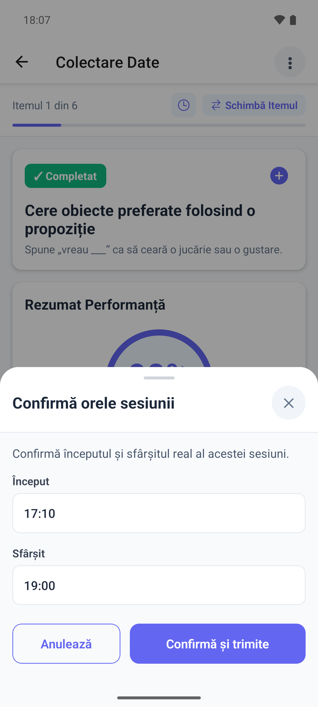 Fereastra Confirmă orele sesiunii din aplicația mobilă, cu orele de început și de sfârșit și butonul Confirmă și trimite