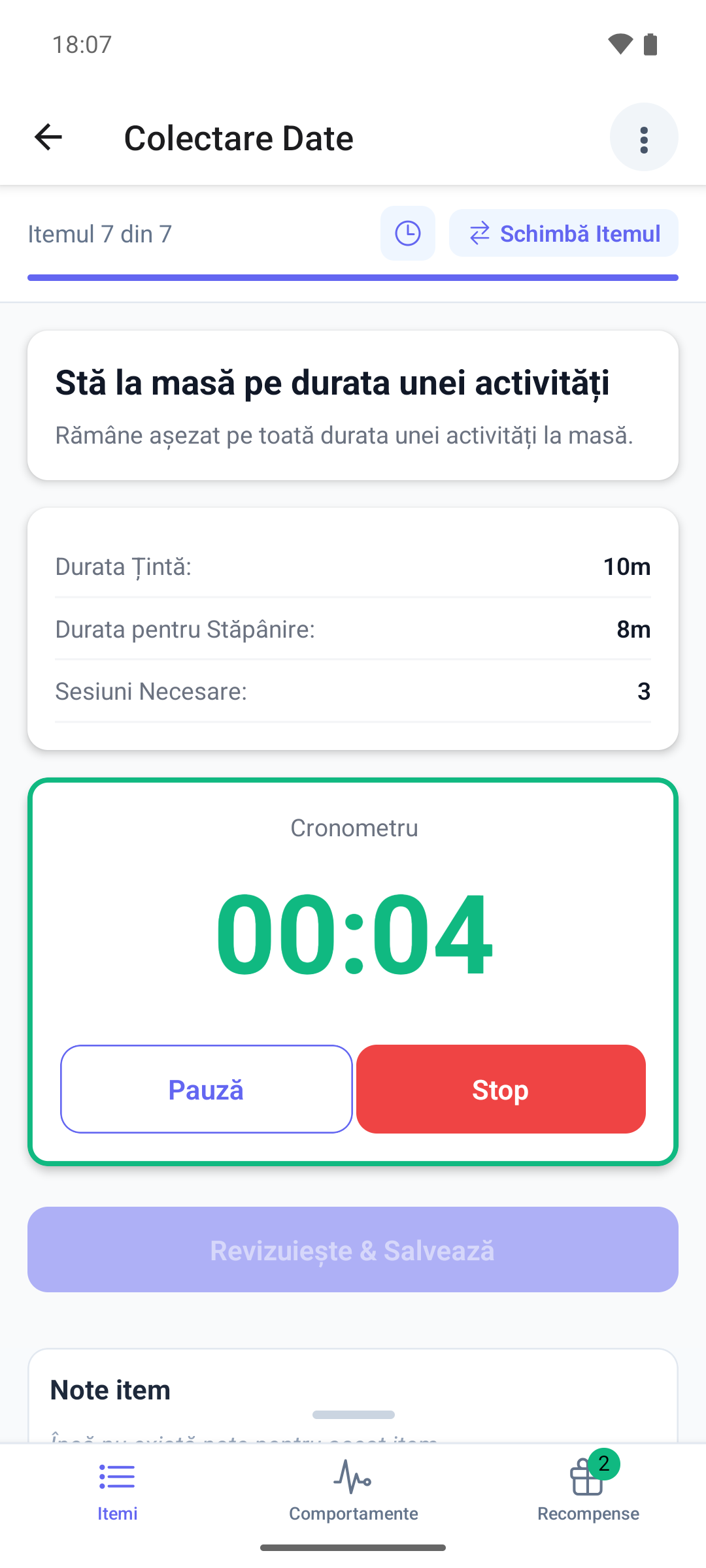 Un item de durată în aplicația mobilă, cu durata țintă și durata pentru stăpânire și cronometrul pornit, cu butoanele Pauză și Stop