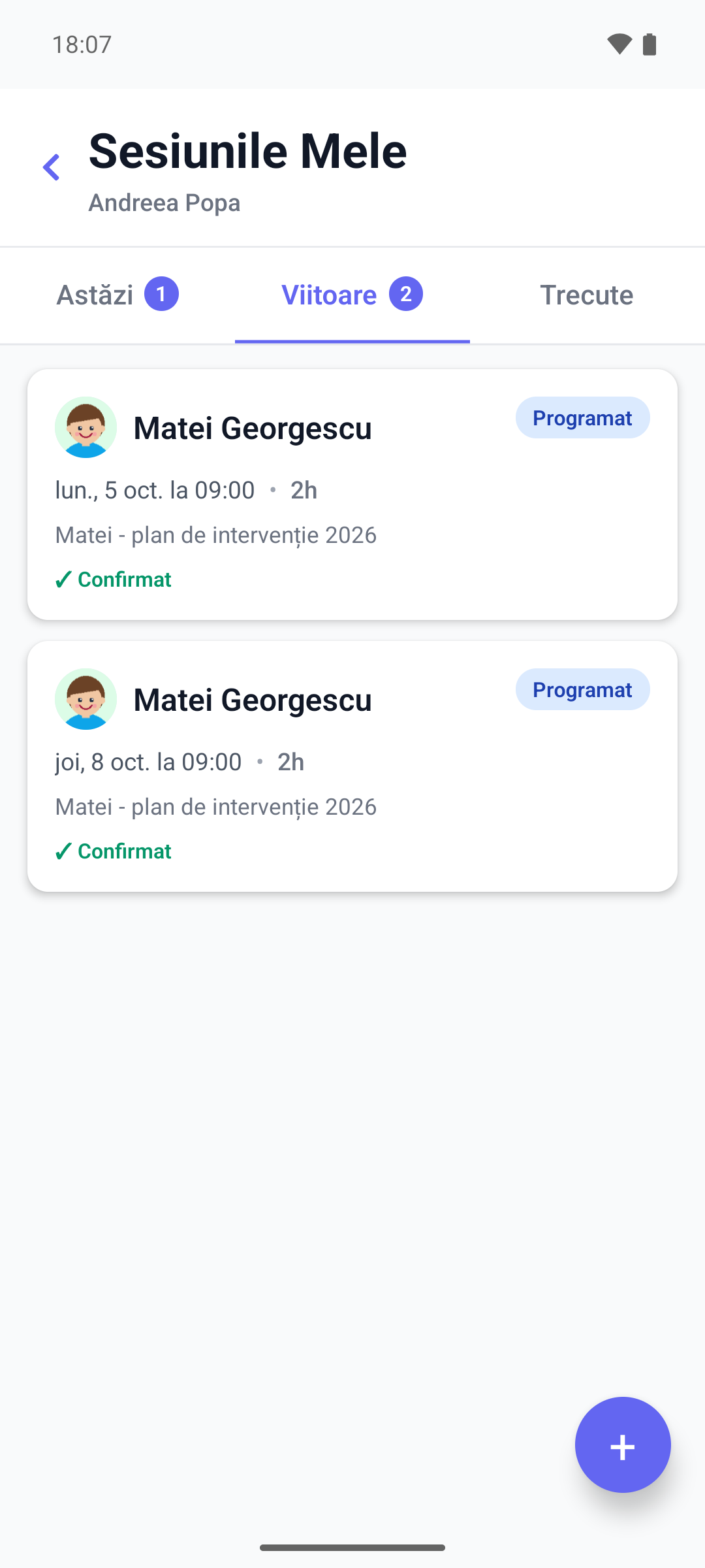 Ecranul cu sesiunile tale din aplicația mobilă, pe fila Viitoare