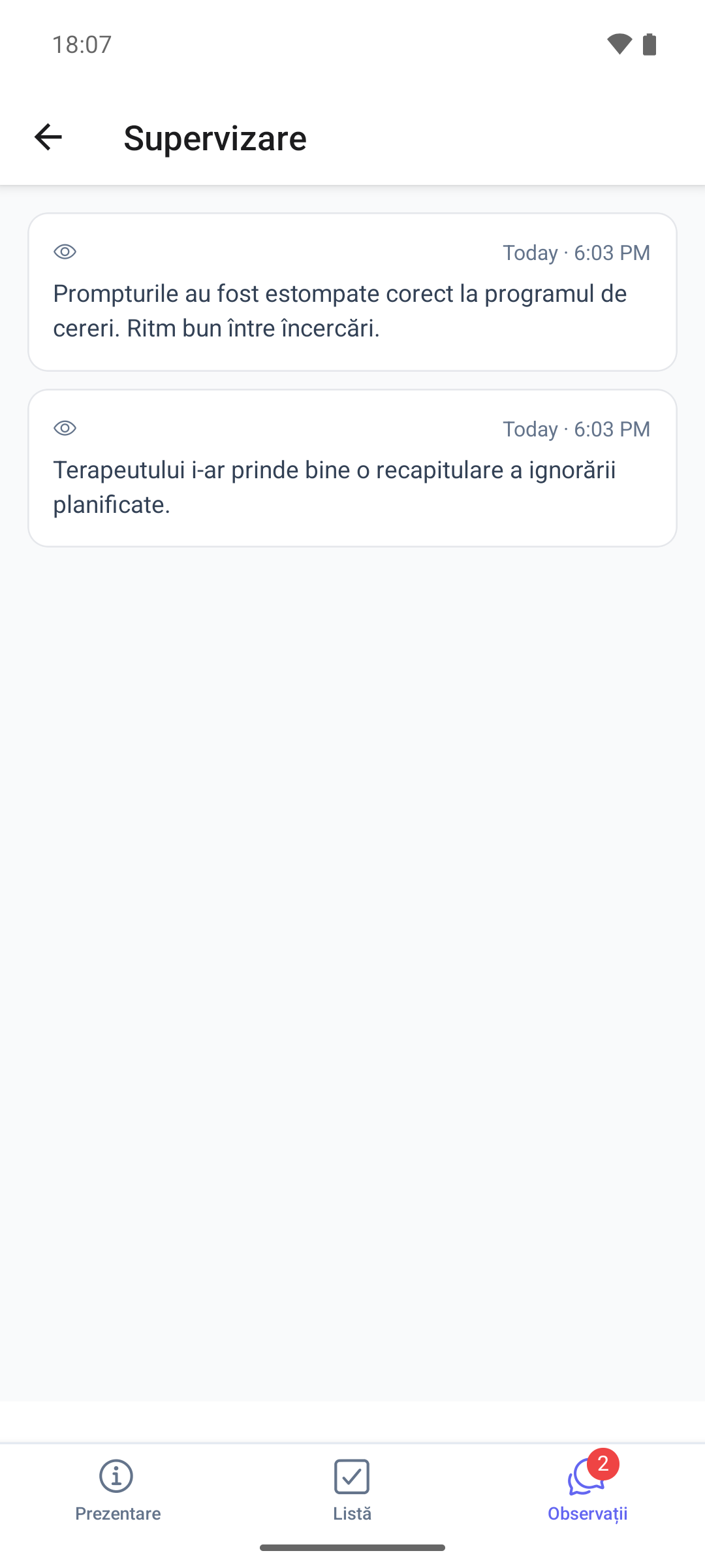 Fila Observații a unei supervizări finalizate în aplicația mobilă, cu observațiile împărtășite