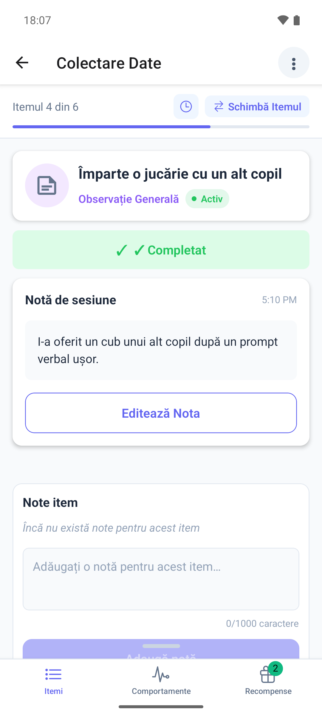 Un item generic în aplicația mobilă, cu o notă salvată, eticheta Completat și butonul Editează Nota