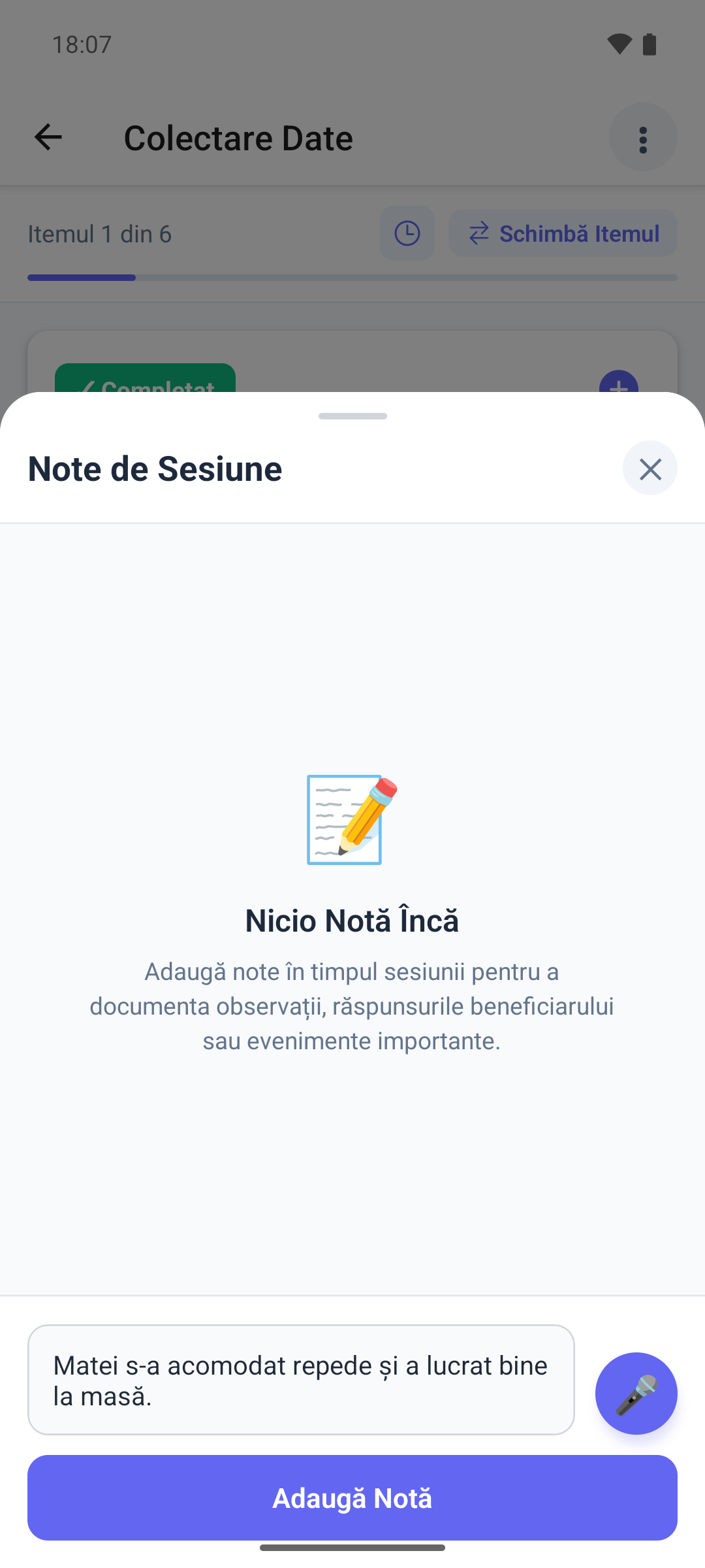 Fereastra Note de Sesiune din aplicația mobilă, cu o notă în curs de scriere și butonul Adaugă Notă