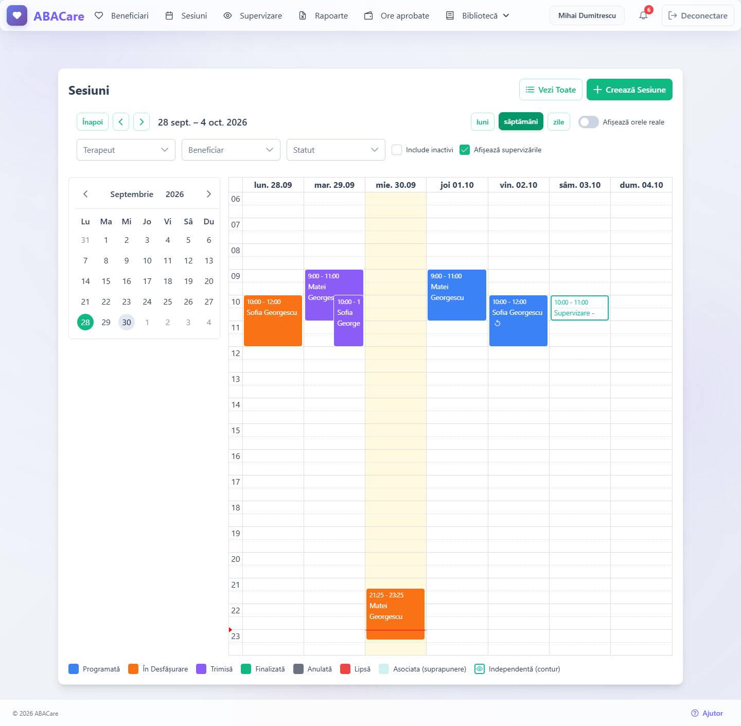 Calendarul sesiunilor din aplicația web în vederea pe săptămână, cu sesiuni colorate după statut, o supervizare suprapusă și legenda
