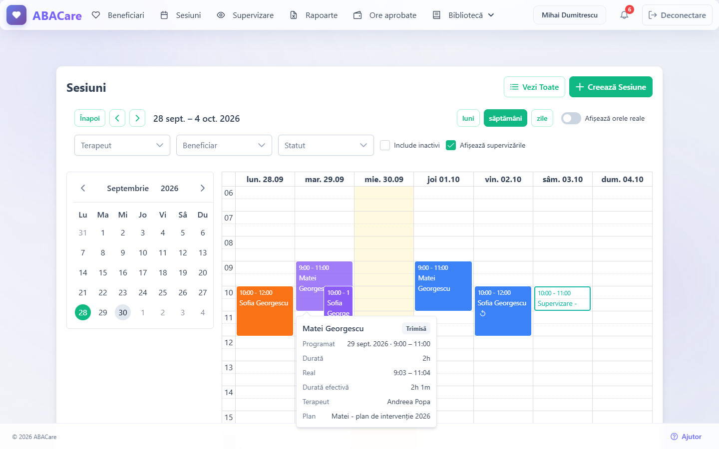 Cardul Detalii sesiune peste o sesiune trimisă din calendar, cu orele programate și reale, terapeutul și planul