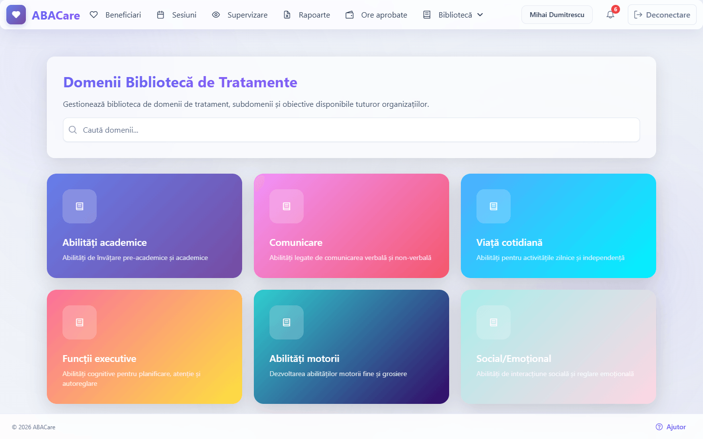 Pagina Domenii Bibliotecă de Tratamente cu câmpul de căutare și câte un card pentru fiecare domeniu