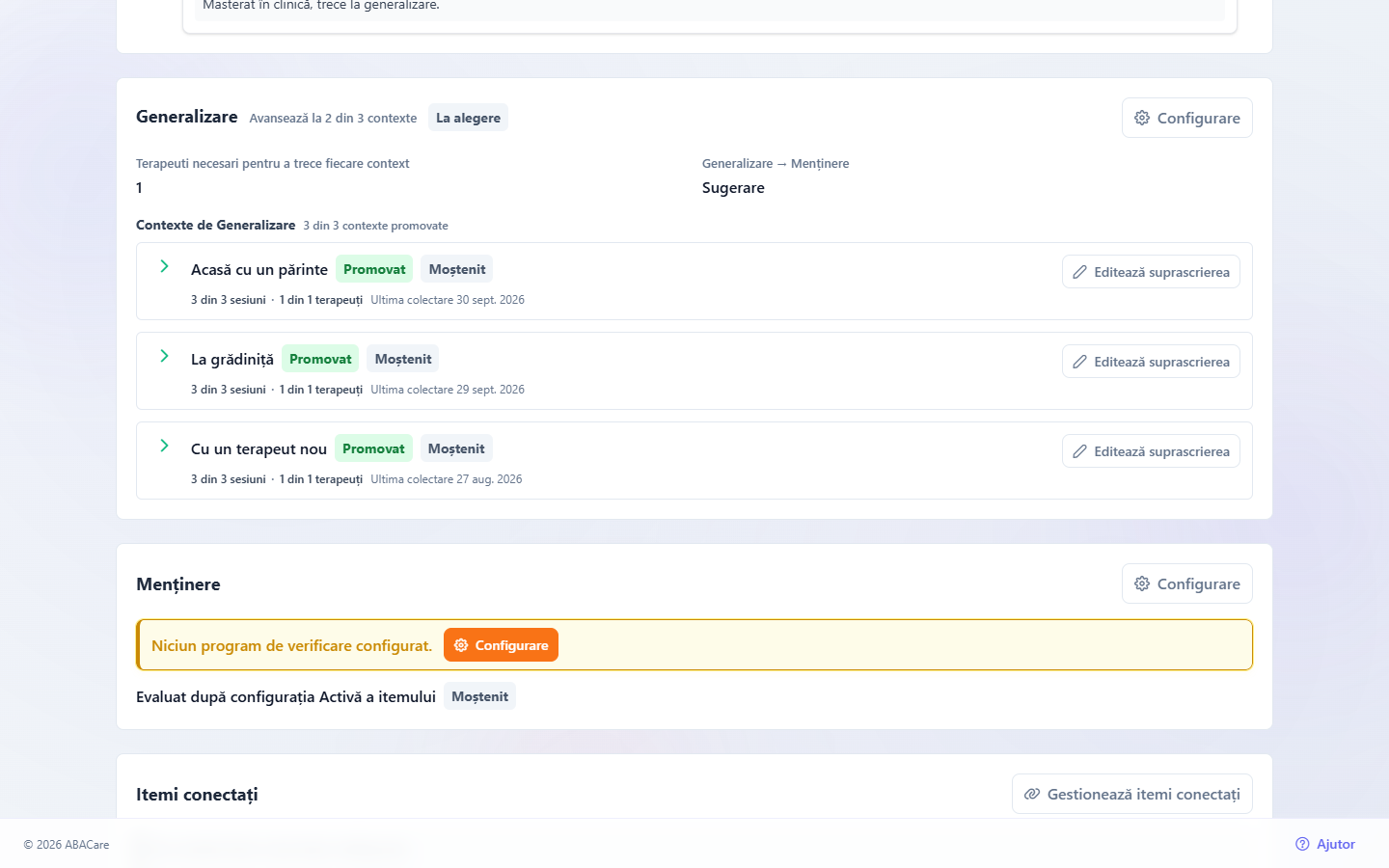 Secțiunea Generalizare de pe pagina de detalii a unui item, cu contextele, situația lor și rezumatul Avansează la 2 din 3 contexte