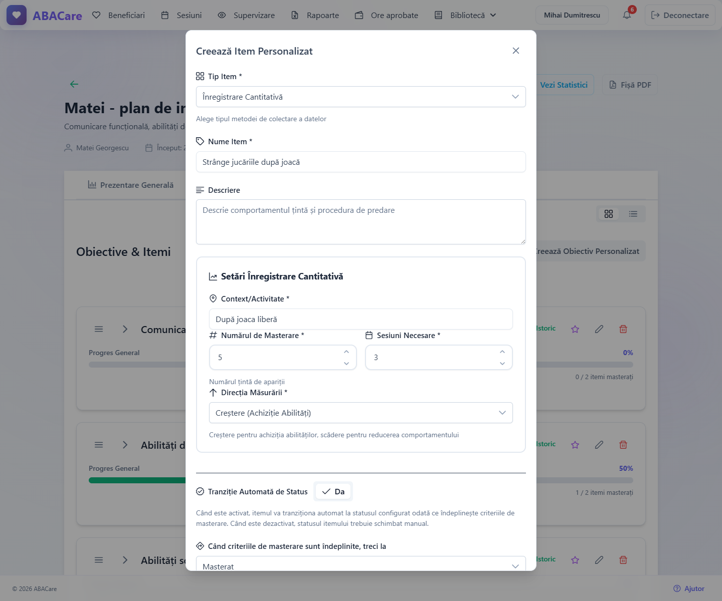 Fereastra Creează Item Personalizat cu Înregistrare Cantitativă aleasă, câmpul Context/Activitate și câmpurile de masterare