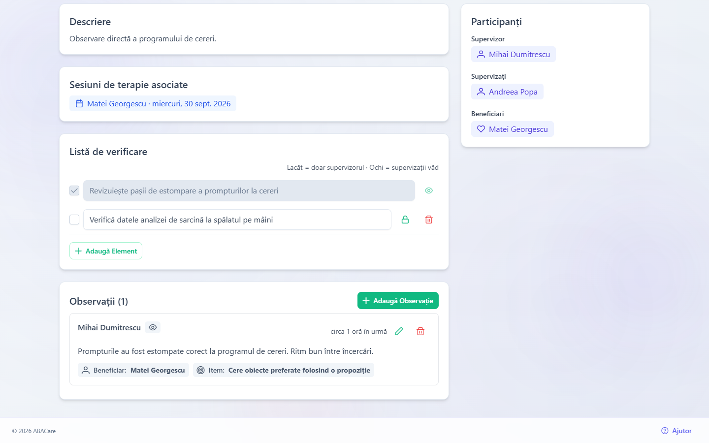 Cardul Listă de verificare al unei supervizări în desfășurare în aplicația web, cu un element bifat, un element doar pentru supervizor și butonul Adaugă Element