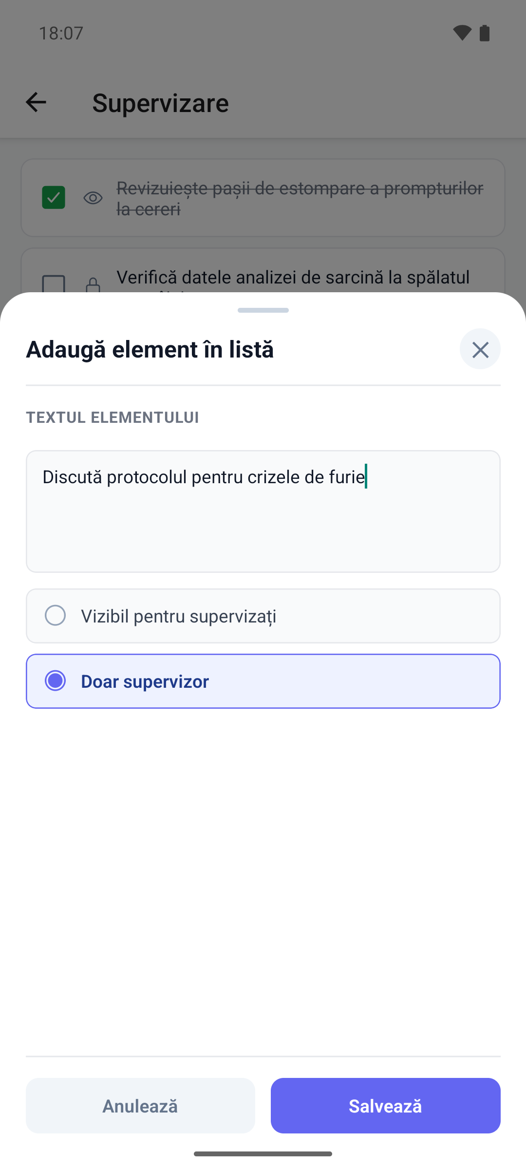 Fereastra Adaugă element în listă din aplicația mobilă, cu textul elementului și opțiunile Vizibil pentru supervizați și Doar supervizor