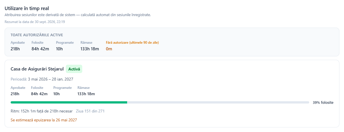 Un card din Utilizare în timp real pe fila Autorizări a unui beneficiar, cu timpul aprobat, folosit, programat și rămas, procentul folosit, ritmul și ziua din perioadă