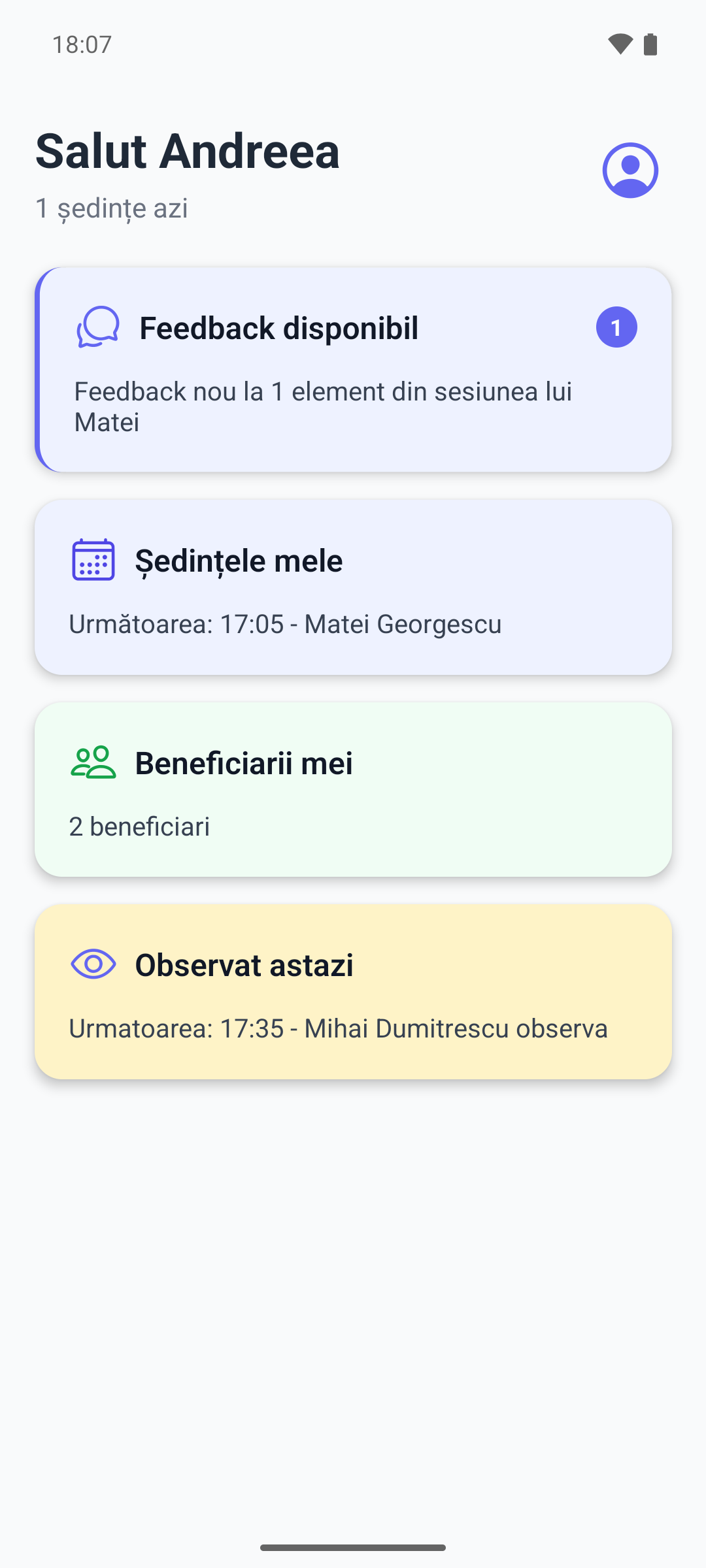 Ecranul principal al aplicației mobile a terapeutului, cu cardul Feedback disponibil