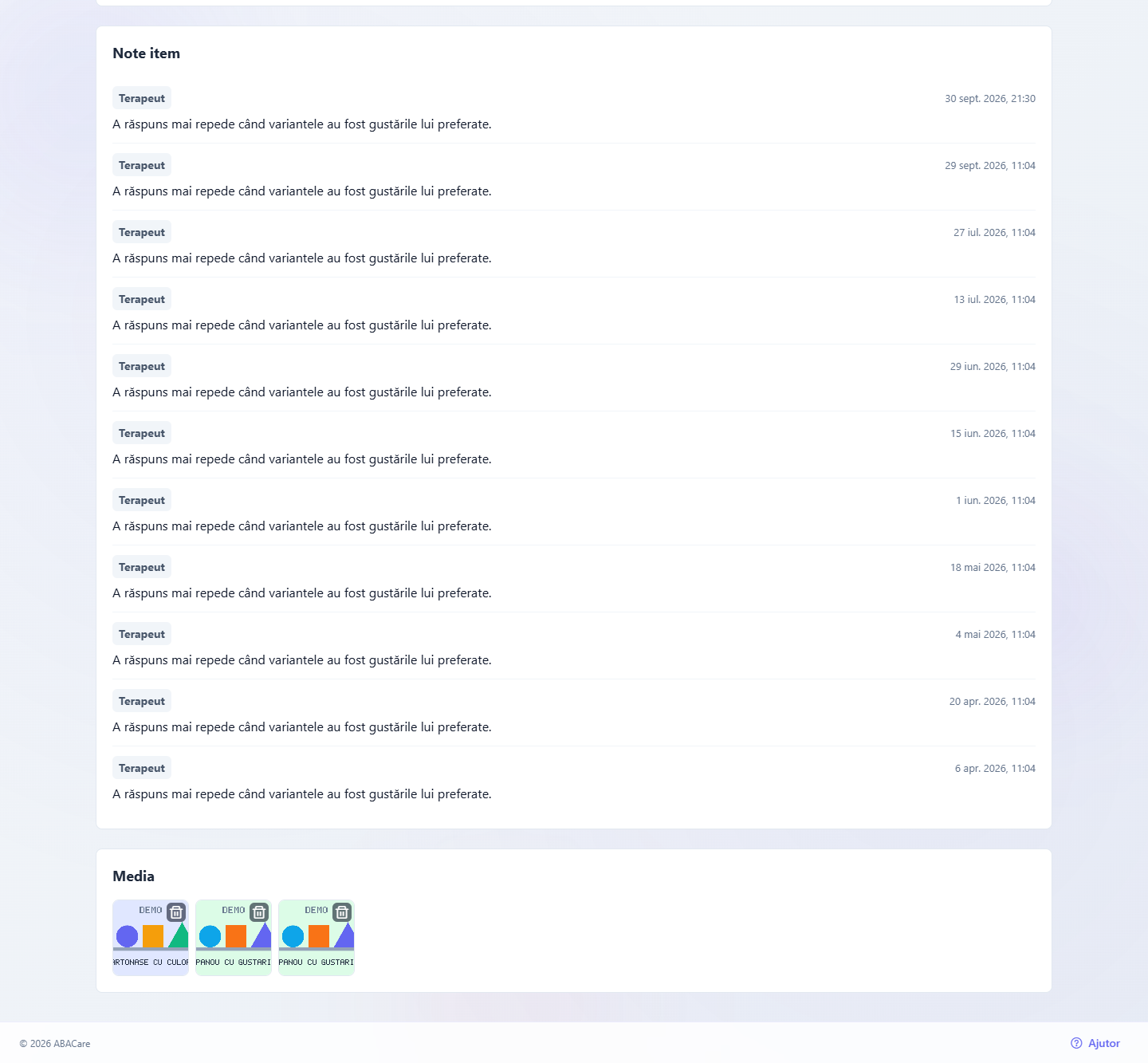Secțiunile Note item și Media de pe pagina unui item în aplicația web, cu note din mai multe sesiuni și o grilă de fotografii