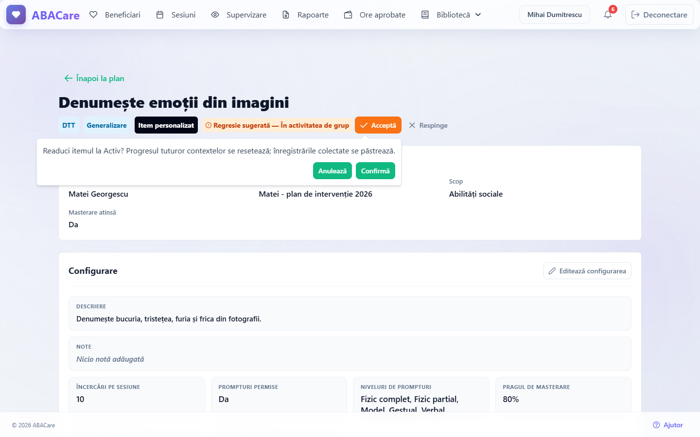 Pagina unui item în aplicația web, cu ecusonul Regresie sugerată lângă numele itemului și confirmarea pentru readucerea lui la Activ